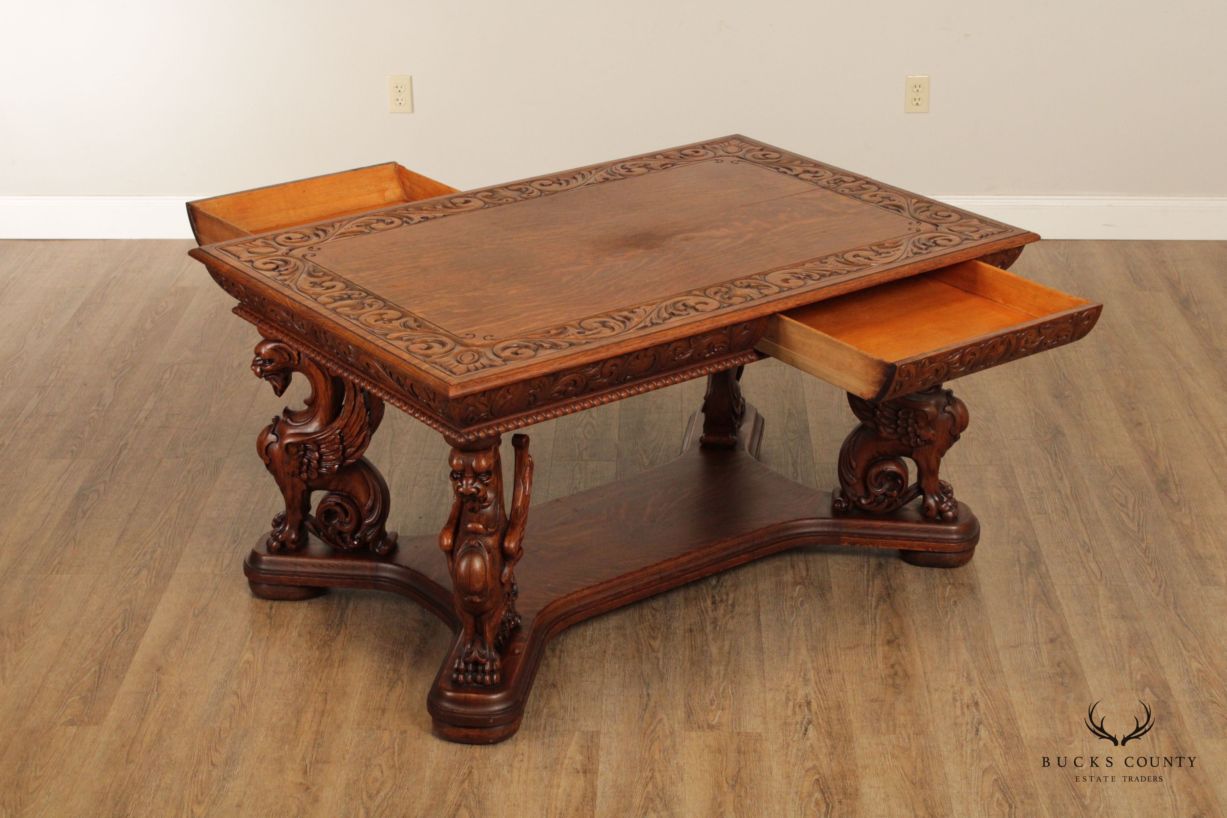 RJ Horner Antique Renaissance Revival Griffin Carved Oak Writing Desk or Library Table