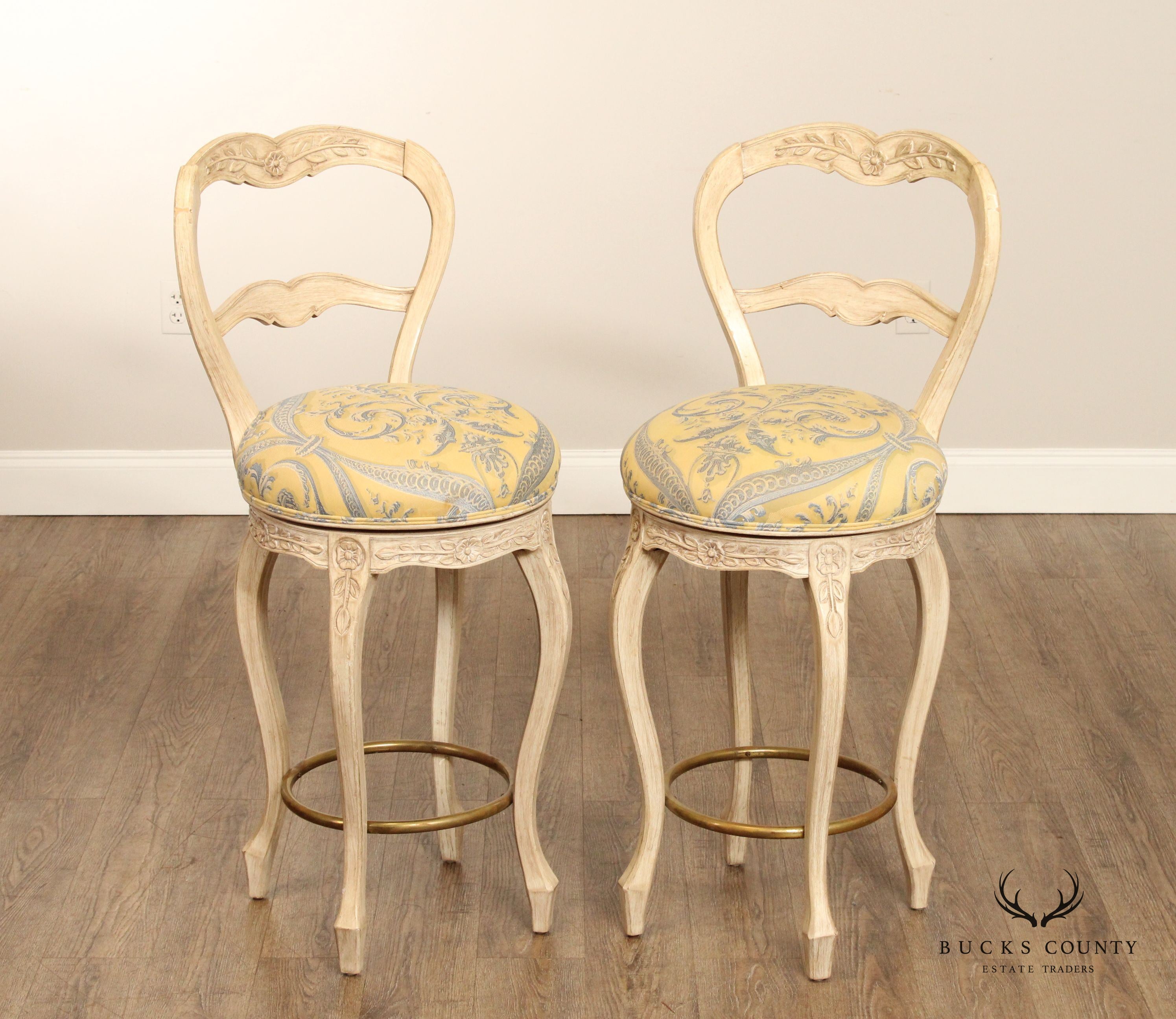 French Louis XV Style Pair of Distress Painted Swivel Bar Stools