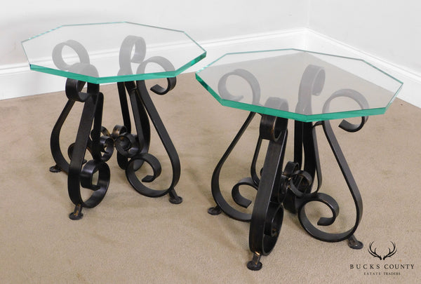 Quality Mid Century Pair Scrolled Wrought Iron Octagon Glass Top Side Tables