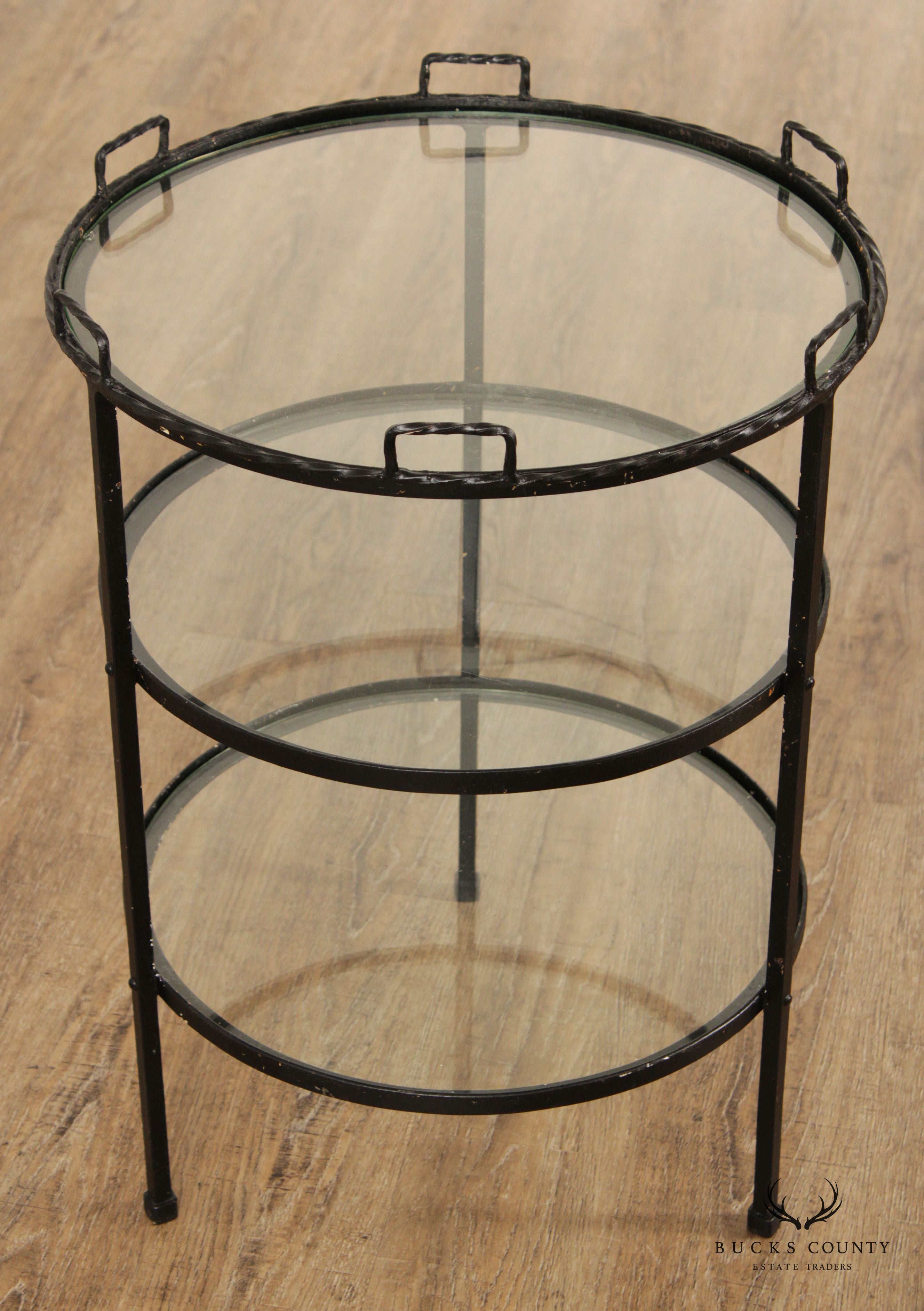 Mid Century Modern Wrought Iron & Glass Tiered Round Side Table