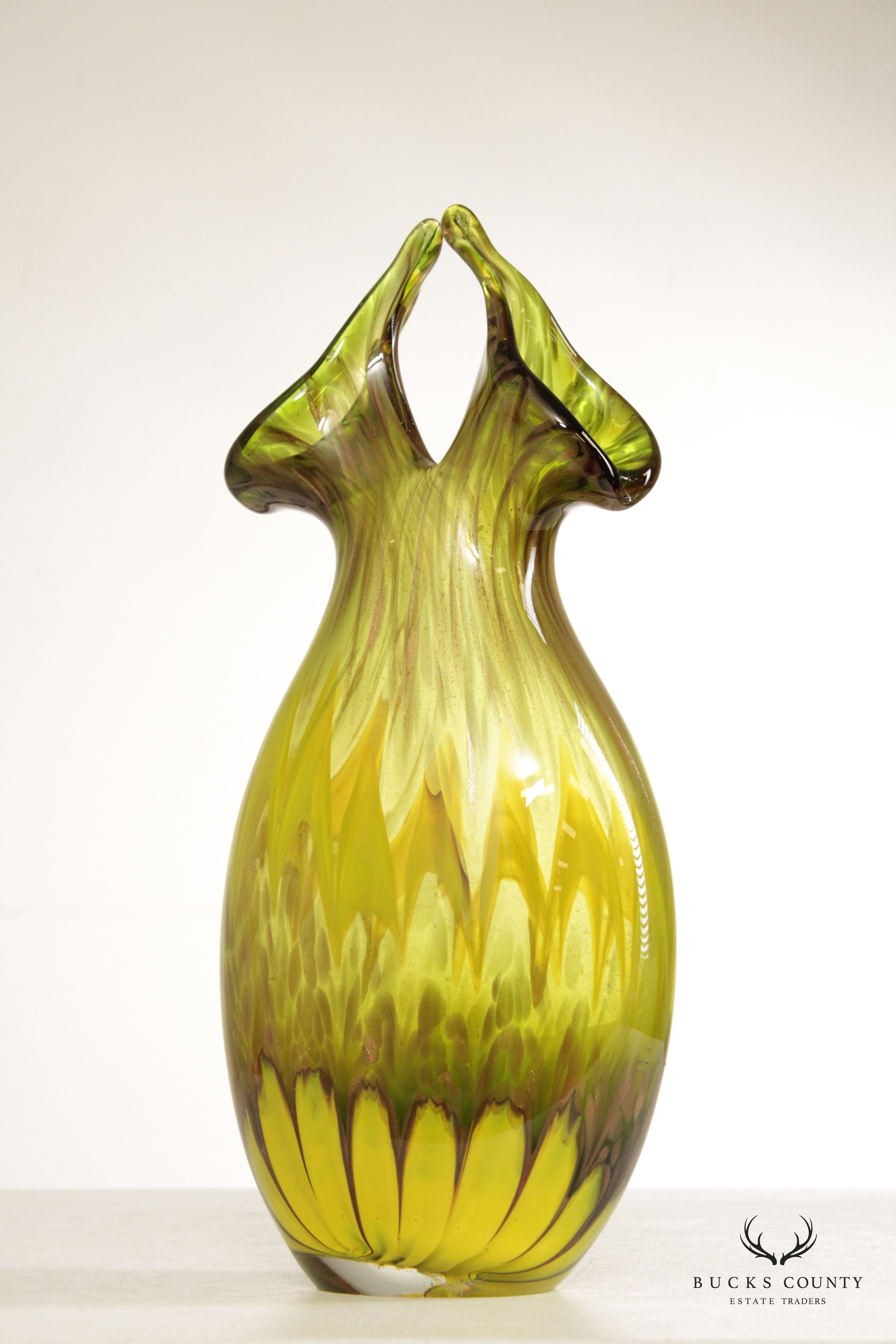 Mid Century Modern Hand Blown Green Art Glass Vase