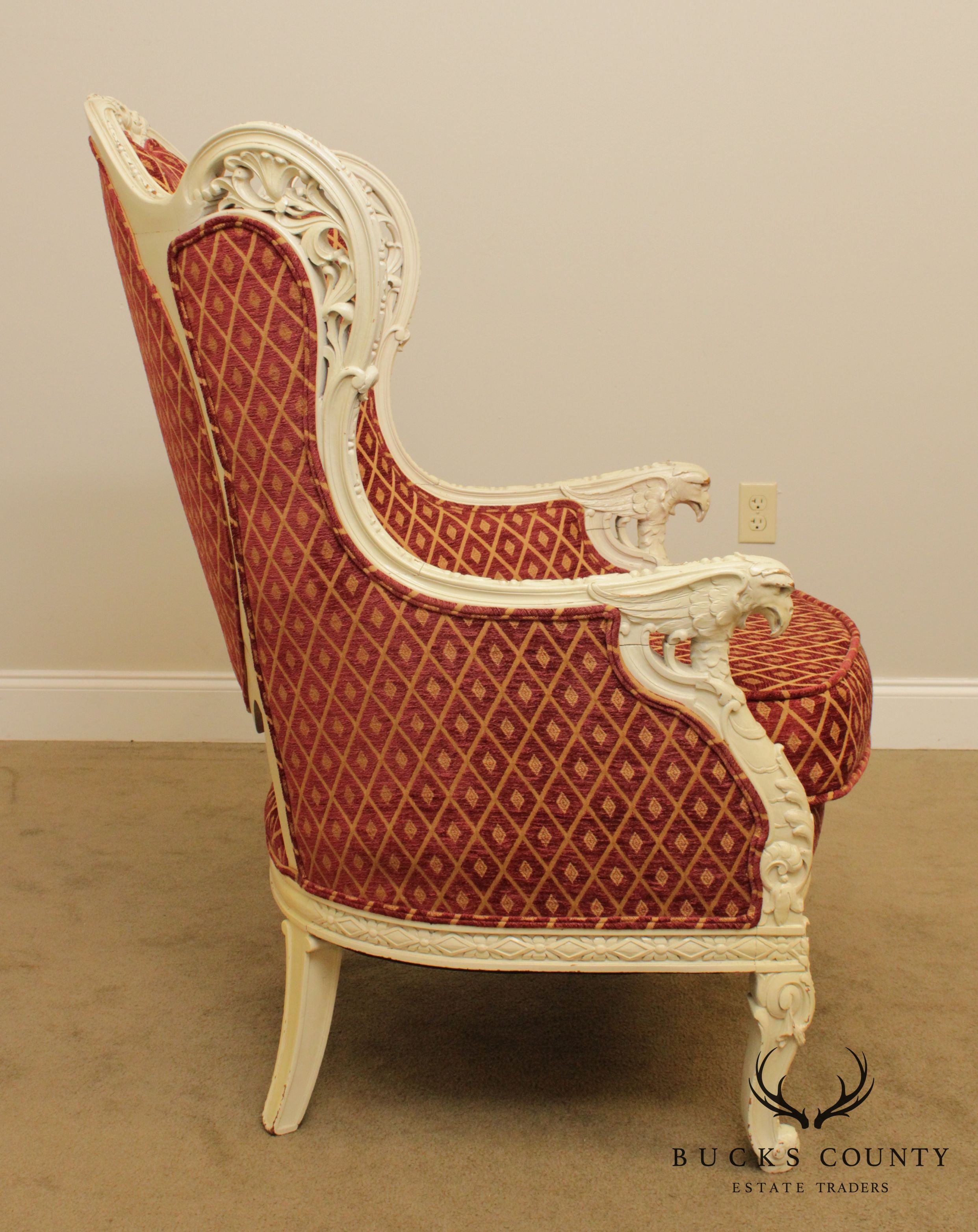 1920's French Louis XV Style Vintage Eagle Carved Bergere Wing Chair