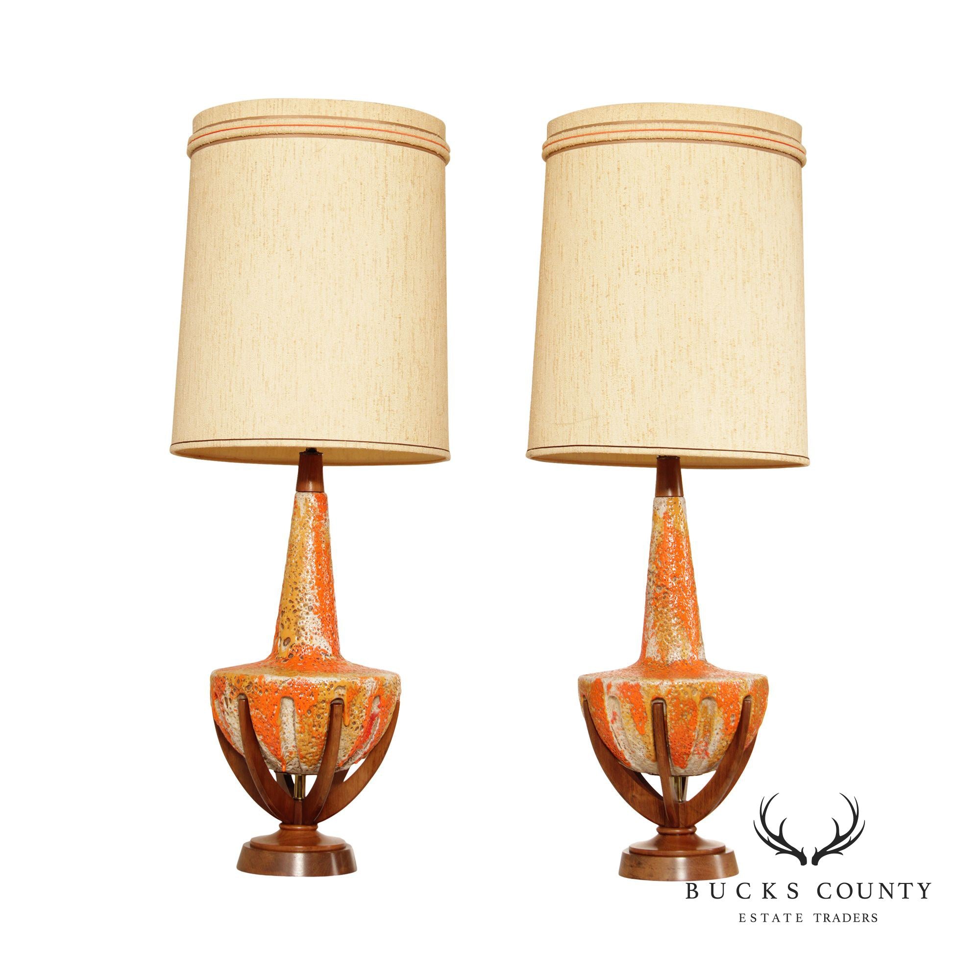 Mid Century Modern Pair Lava Ceramic Table Lamps