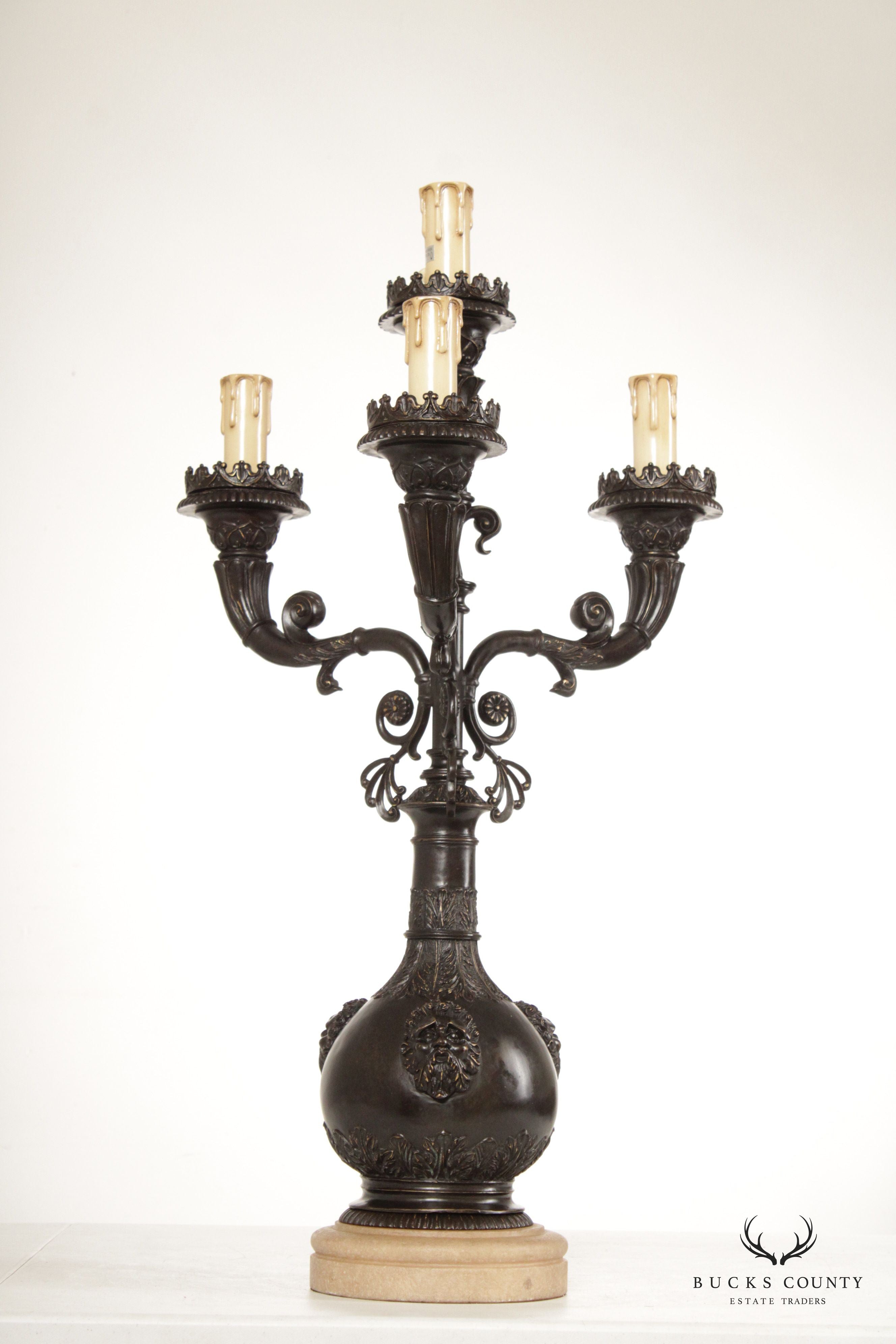 Gothic Revival Style Pair of Bronze Five-Light Candelabra