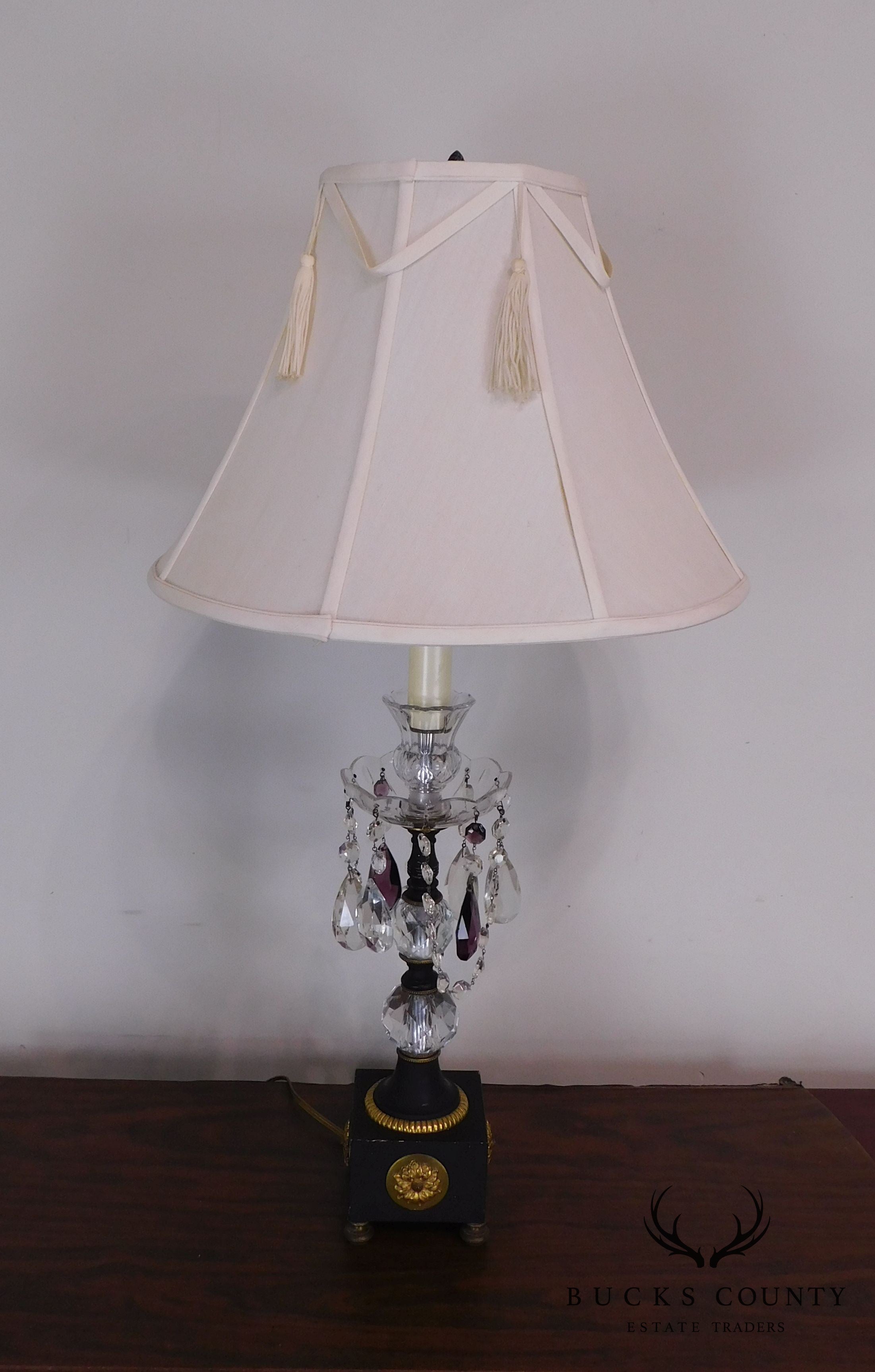 Pair French Empire Table Lamps with Fabric Shades, Turned Stems with Faceted Crystal Balls