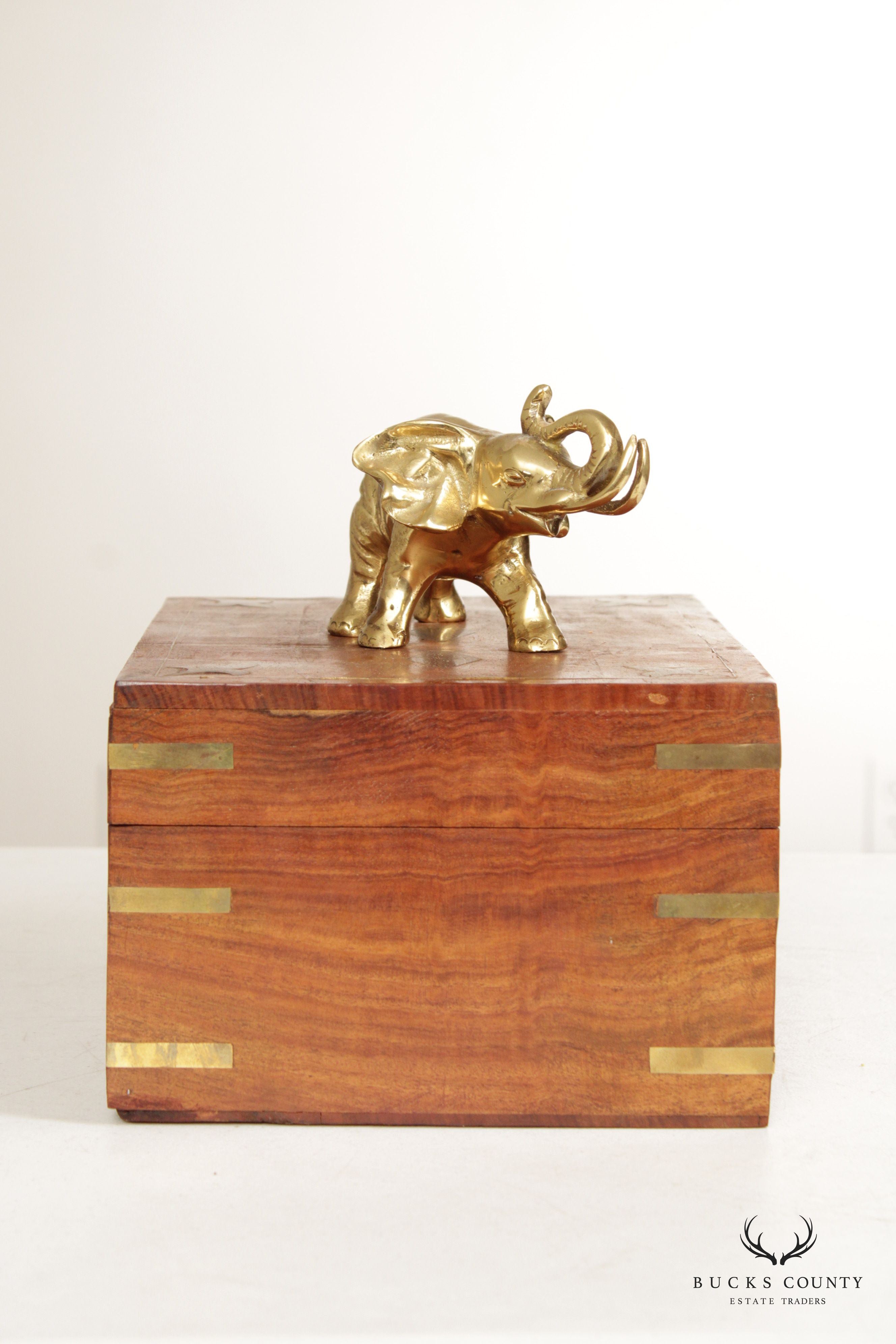 Campaign Style Teak and Brass Elephant Cigar or Jewelry Box