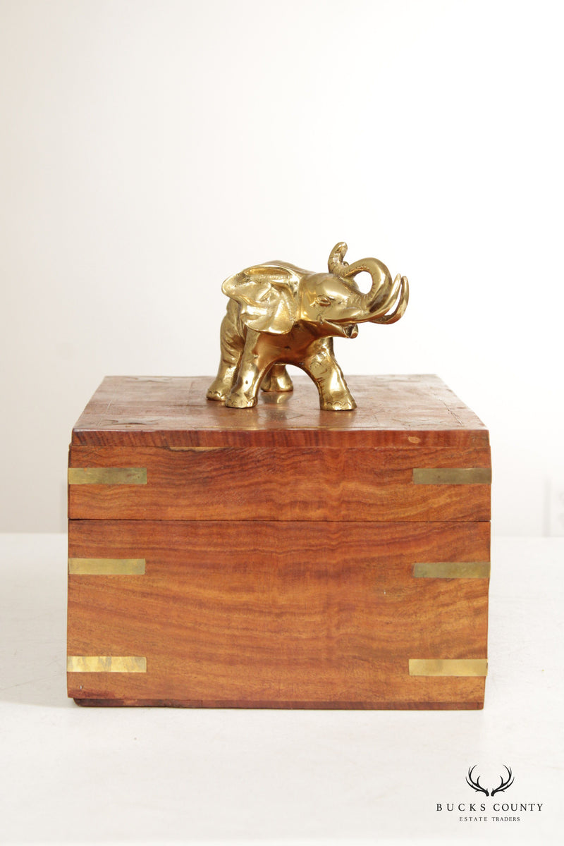Campaign Style Teak and Brass Elephant Cigar or Jewelry Box