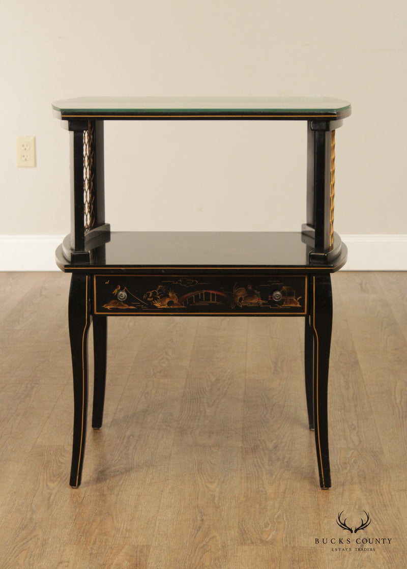 Vintage Black Lacquered and Japanned Two Tier Glass Top Side Table