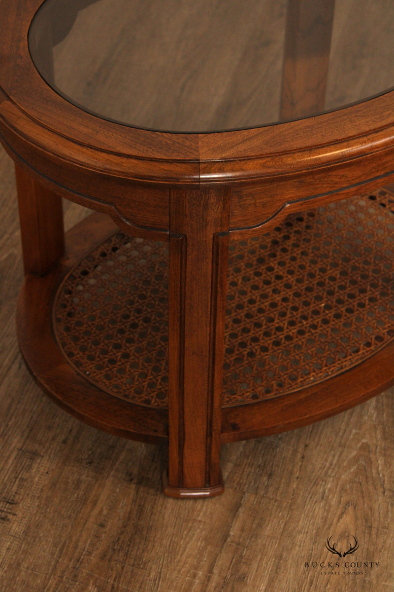 Asian Inspired Vintage Oval Two-Tier Glass Top End Table