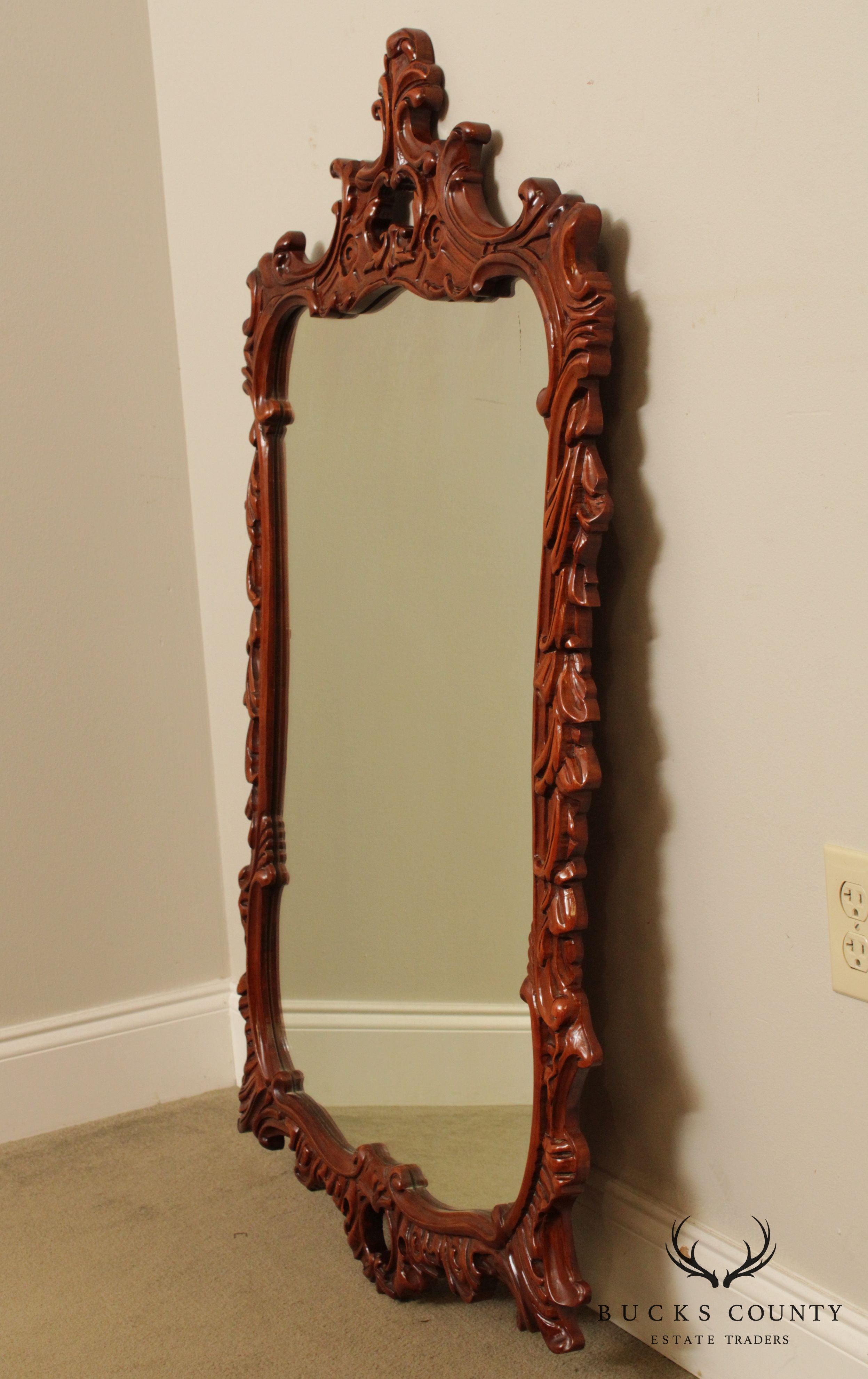 French Louis XV Style Vintage Carved Mahogany Frame Wall Mirror