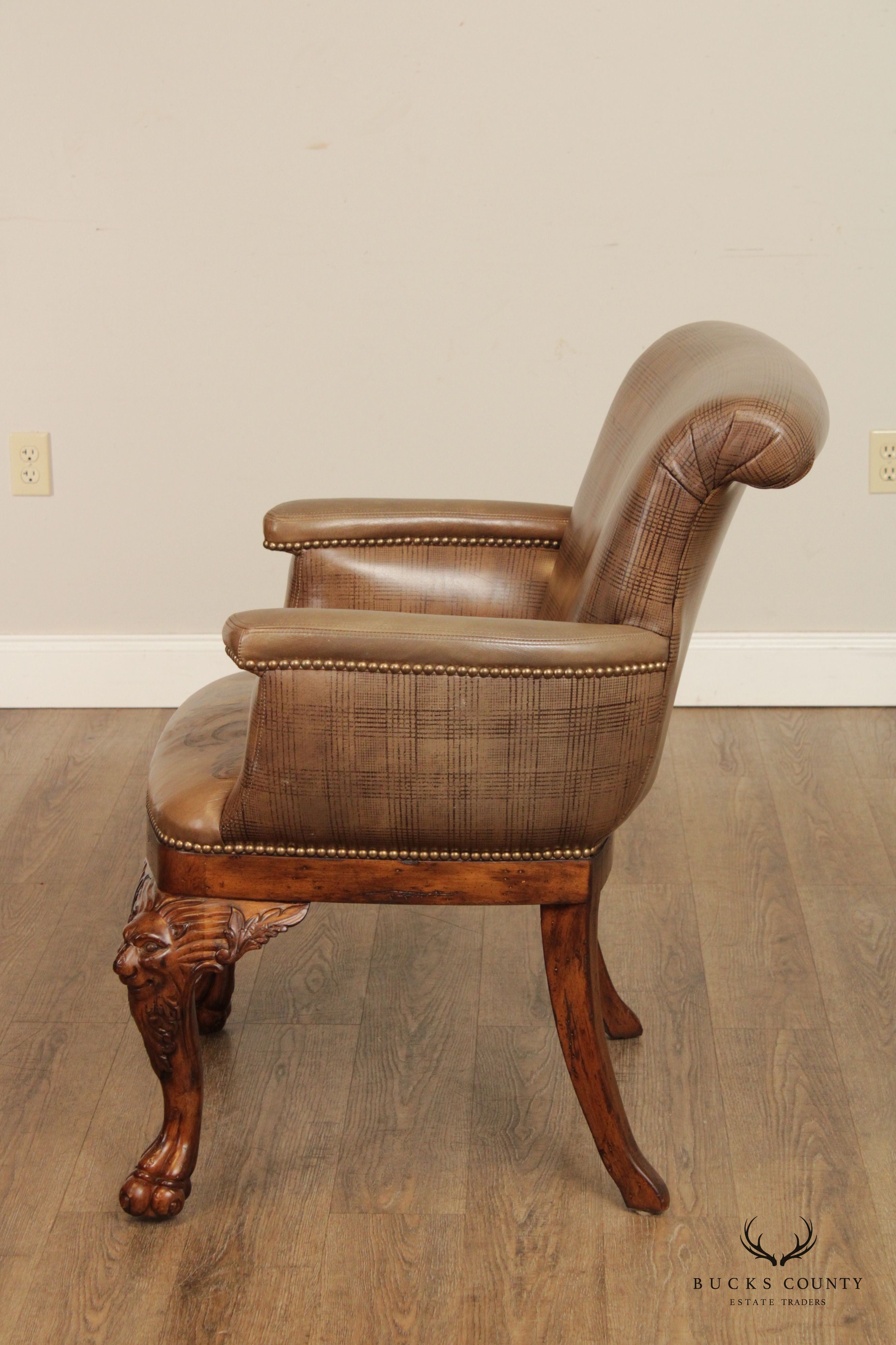 Ferguson Copeland Georgian Style Carved Wood and Tooled Leather Armchair