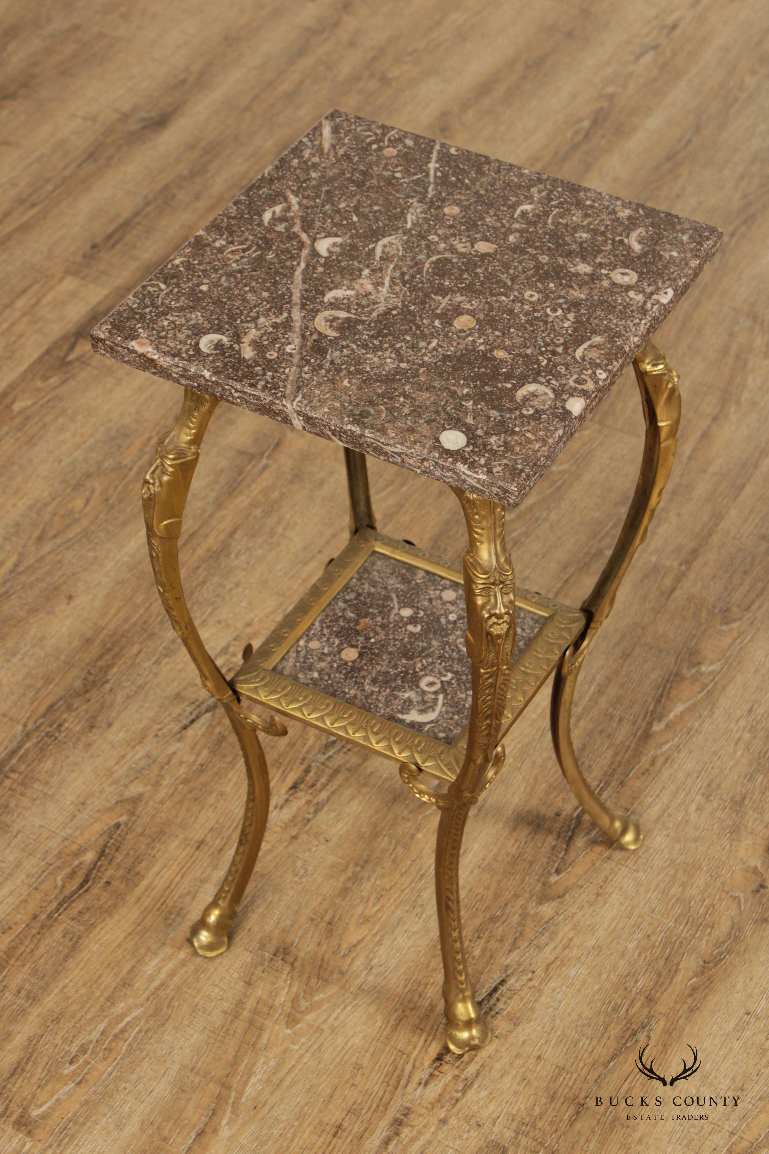 Victorian Art Nouveau Brass Marble Top Plant Stand