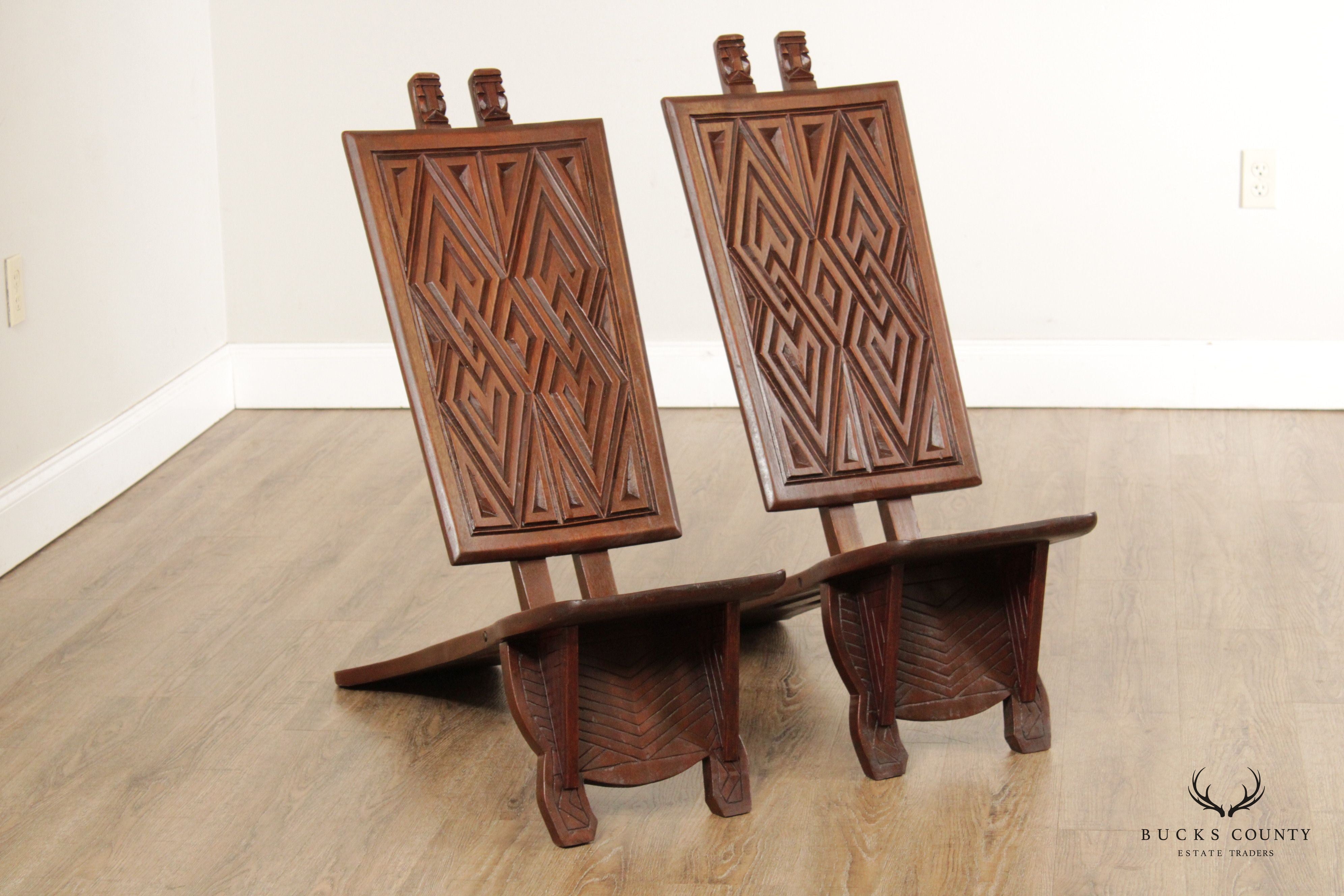 African Traditional Ceremonial Pair Mahogany Carved Folding Chairs