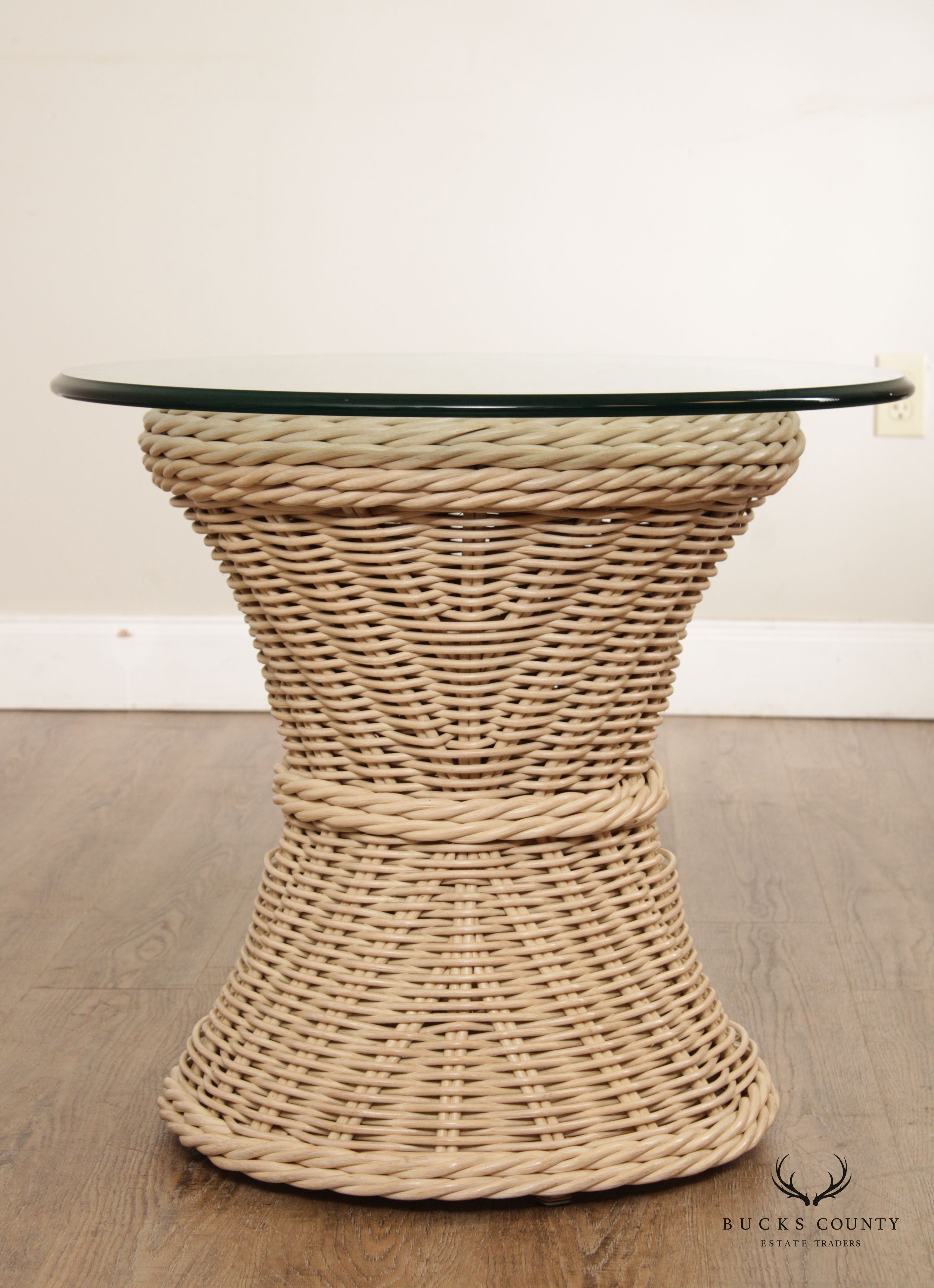 Quality Vintage Round Wicker Rattan Glass Top Side Table (B)