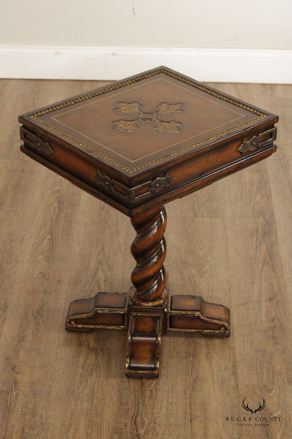 Marge Carson Jacobean Style Carved Wood and Tooled Leather Stand or End Table