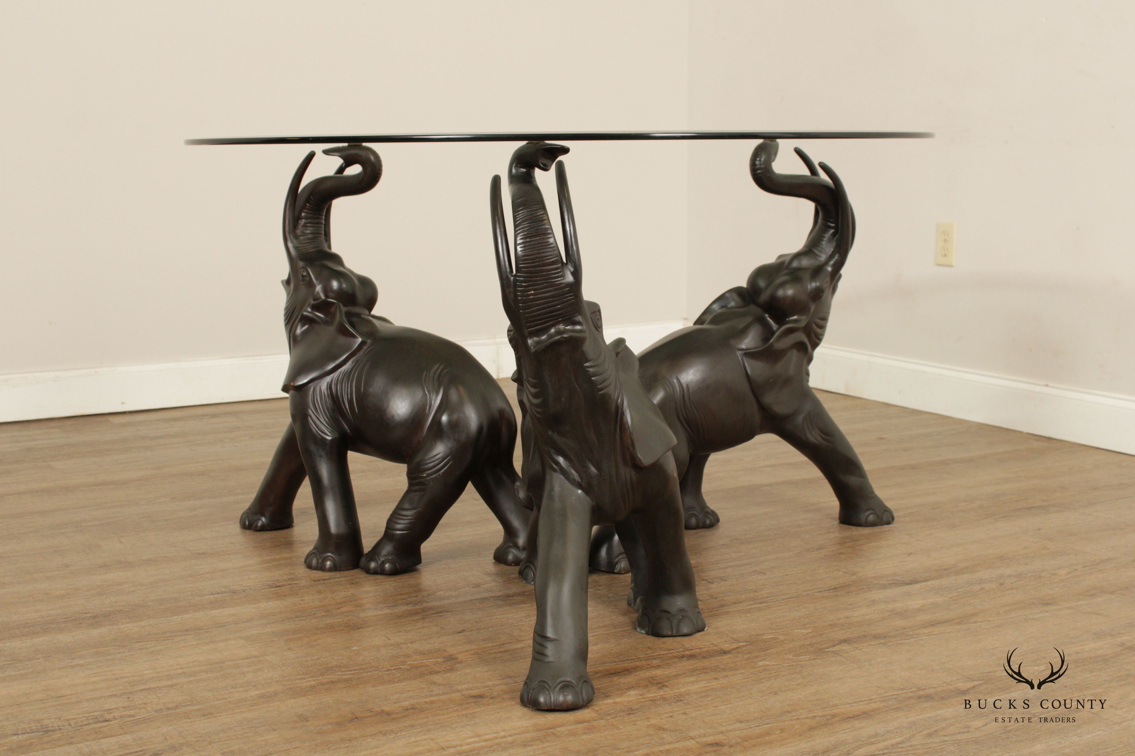 Contemporary Trio of Elephants Brass & Glass Center Table