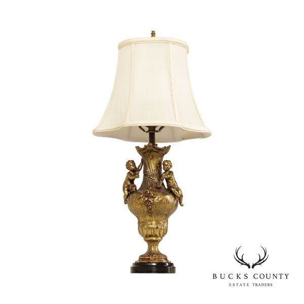 French Rococo Style Gilt Putti Table Lamp with Silk Shade