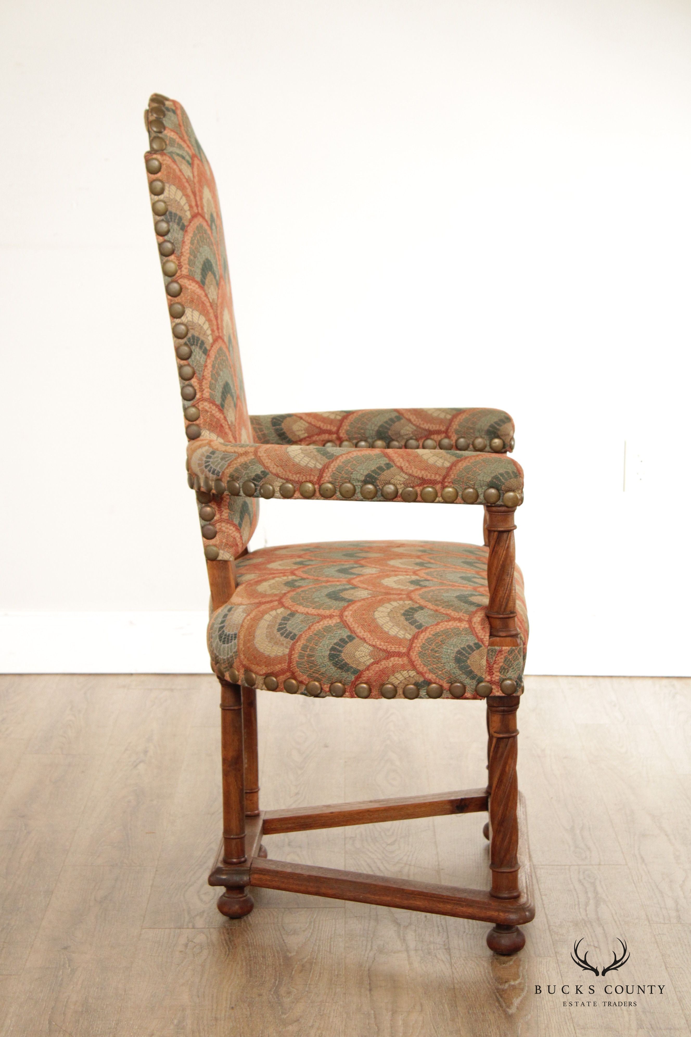 Spanish Revival Style Antique Oak High-Back Arm Chair