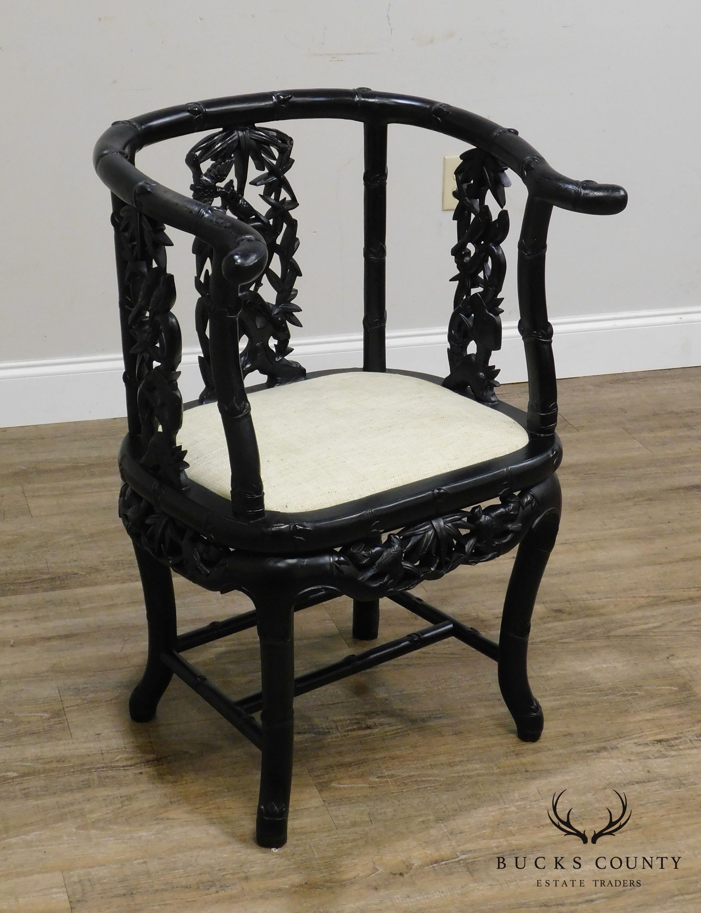 Antique Carved Chinese Hardwood Black Lacquered Armchair