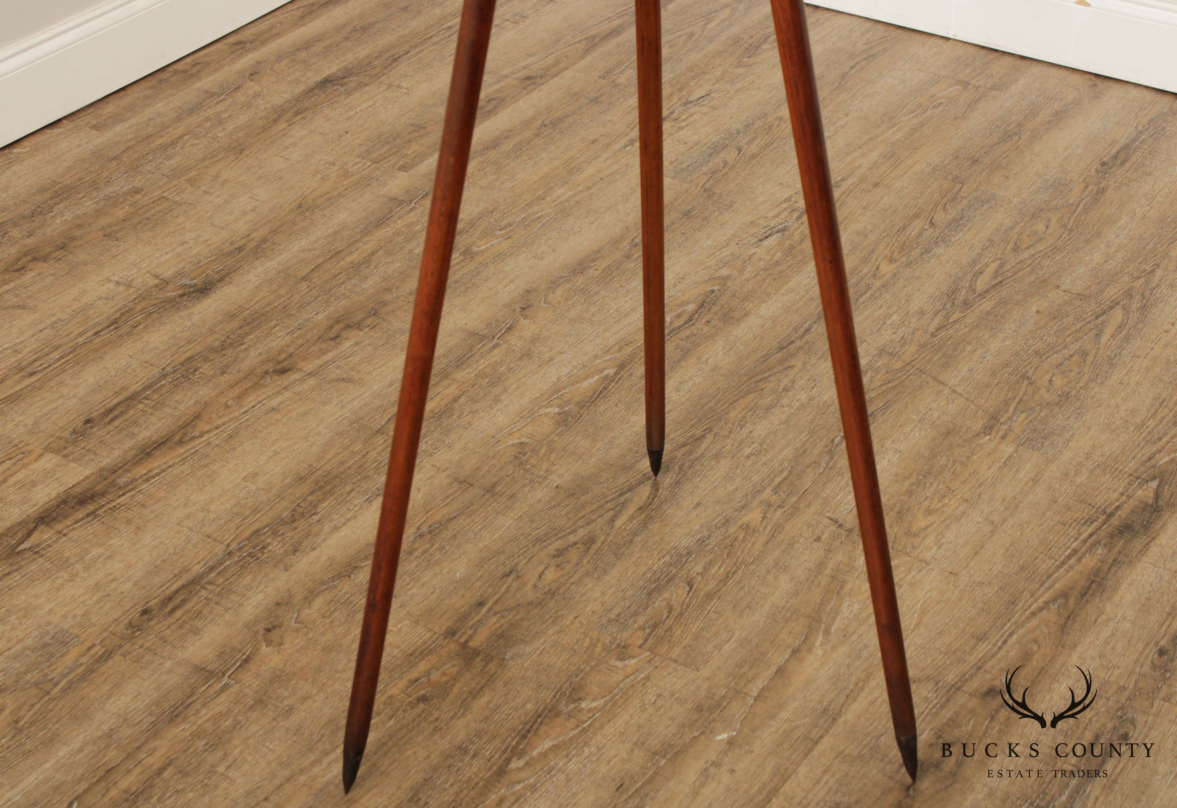 Mid Century Wooden Tripod Floor Lamp with Chrome Shades