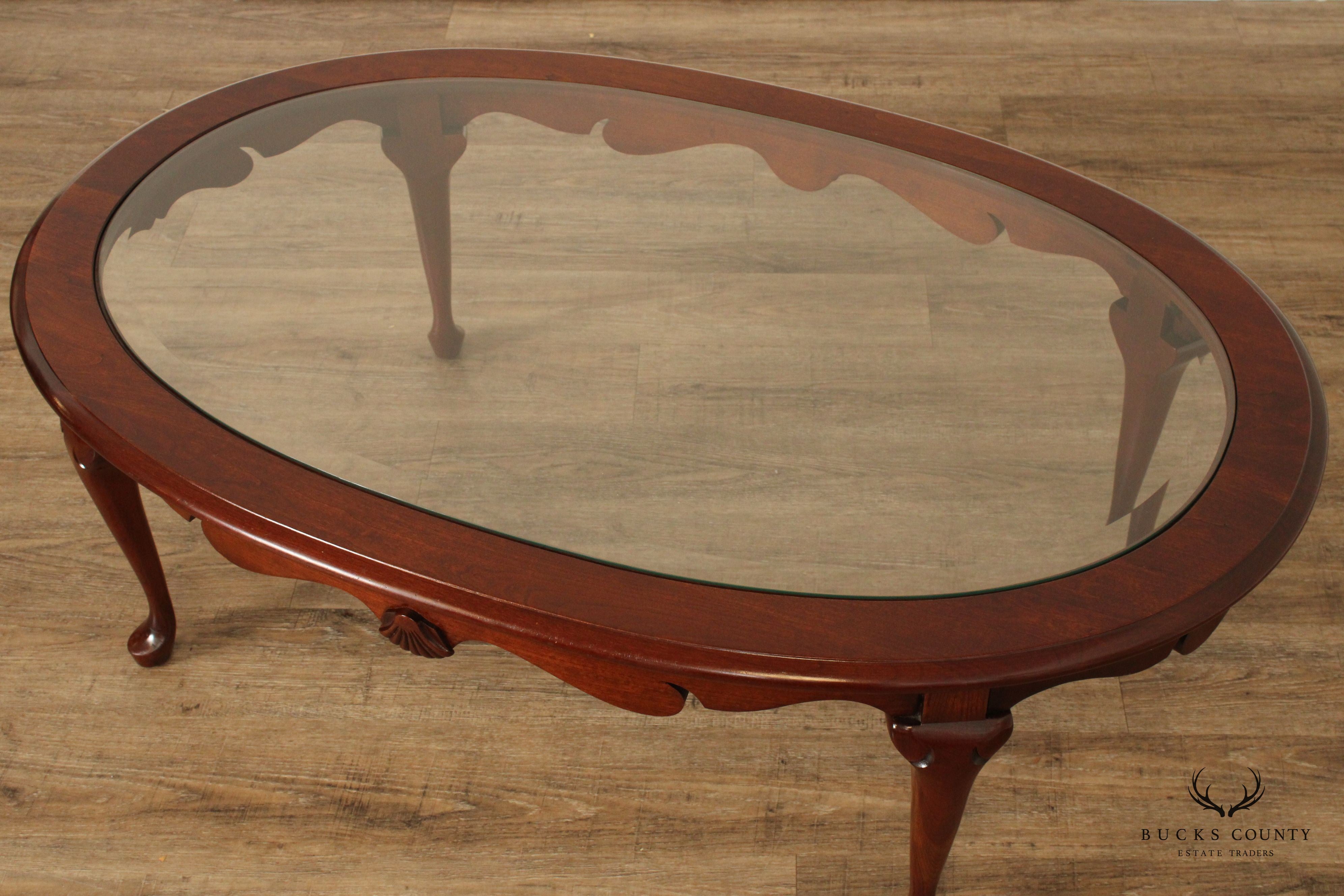 Queen Anne Style Carved Cherry Oval Glass Top Coffee Table