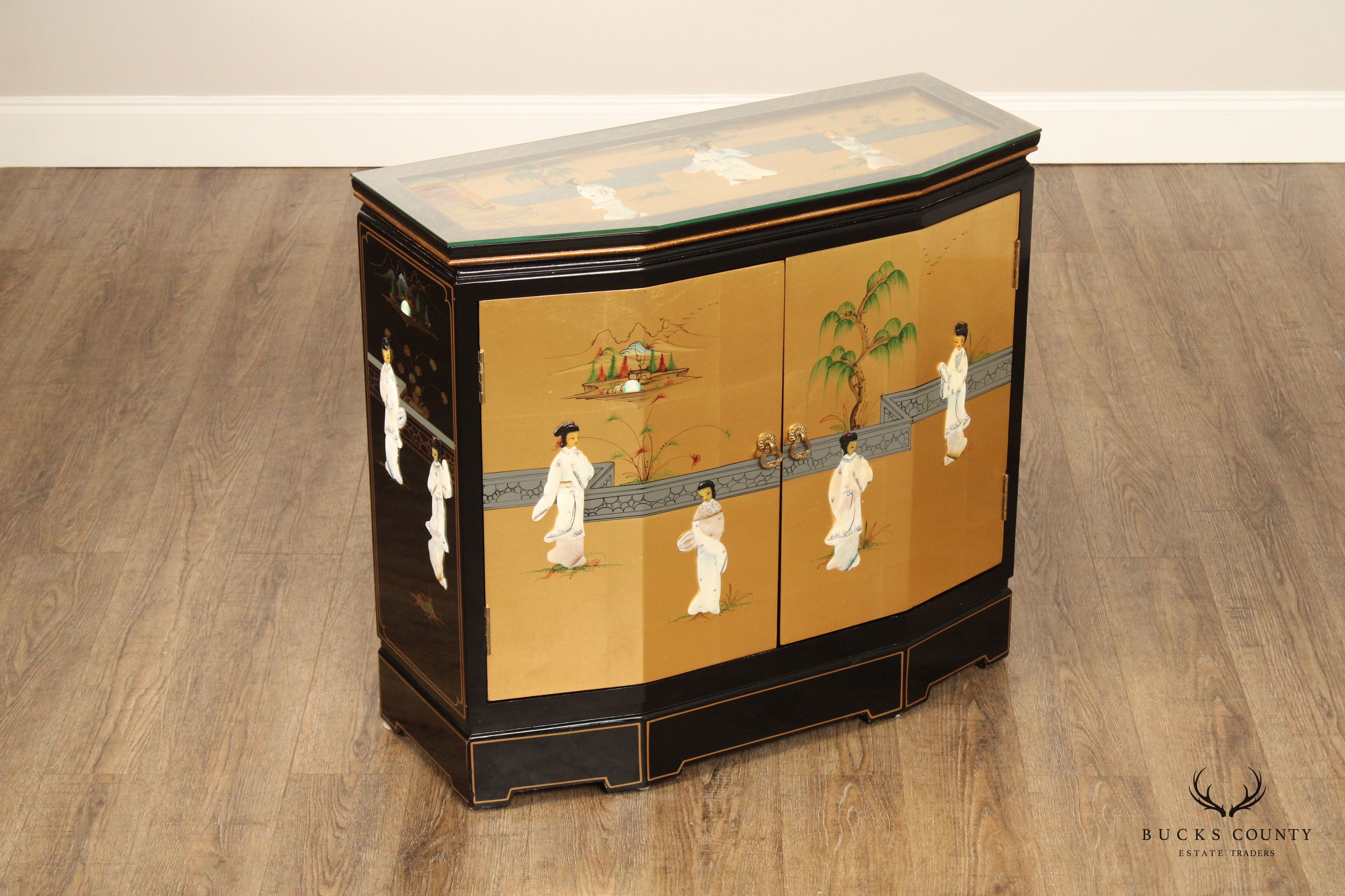 Chinoiserie Decorated Black and Gold Lacquer Glass Top Console Cabinet