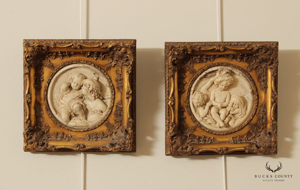 Antique Italian Classical Pair Carved Marble Wall Plaques, After Enrico Brag