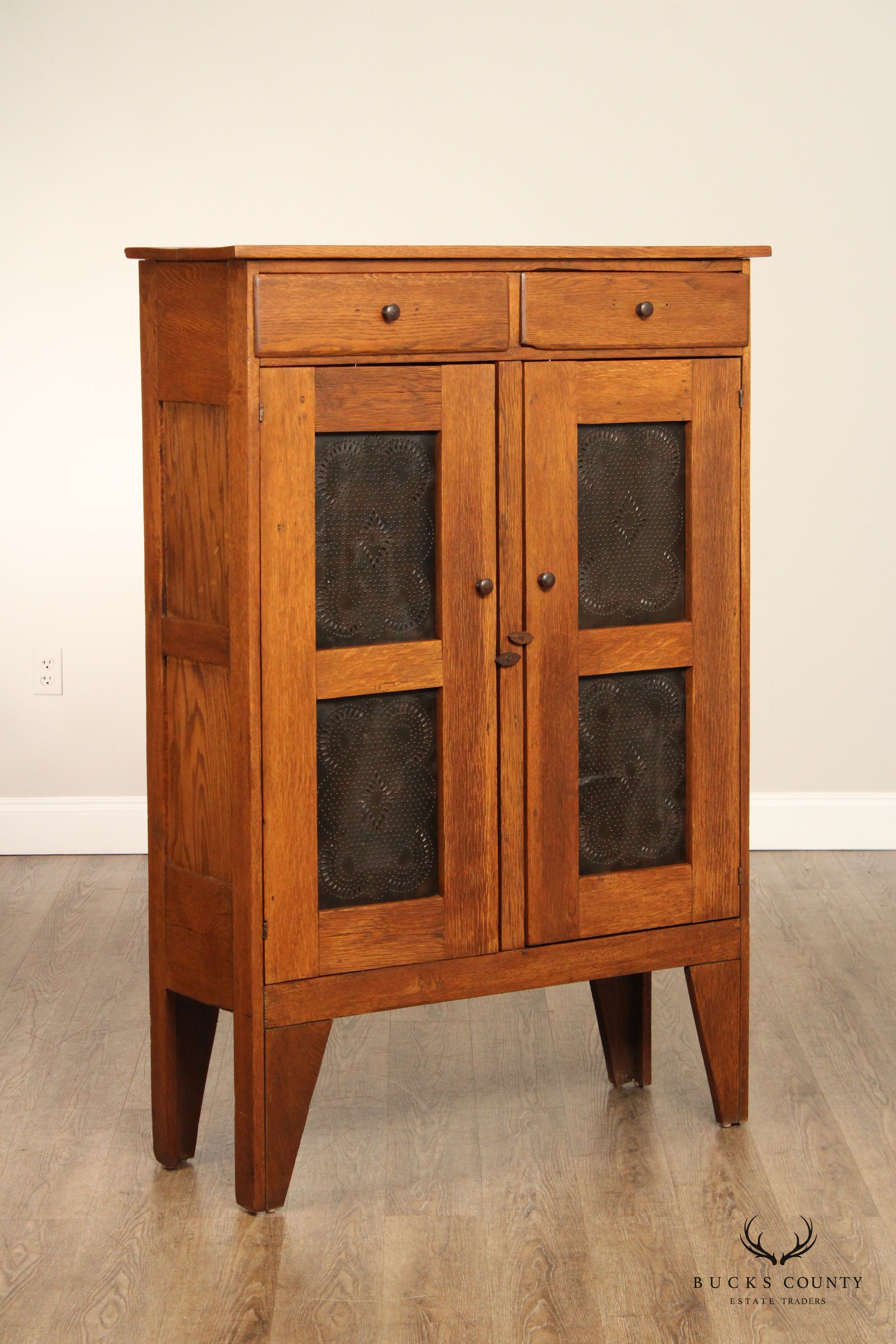 Antique American Oak and Punched Tin Pie Safe Cabinet