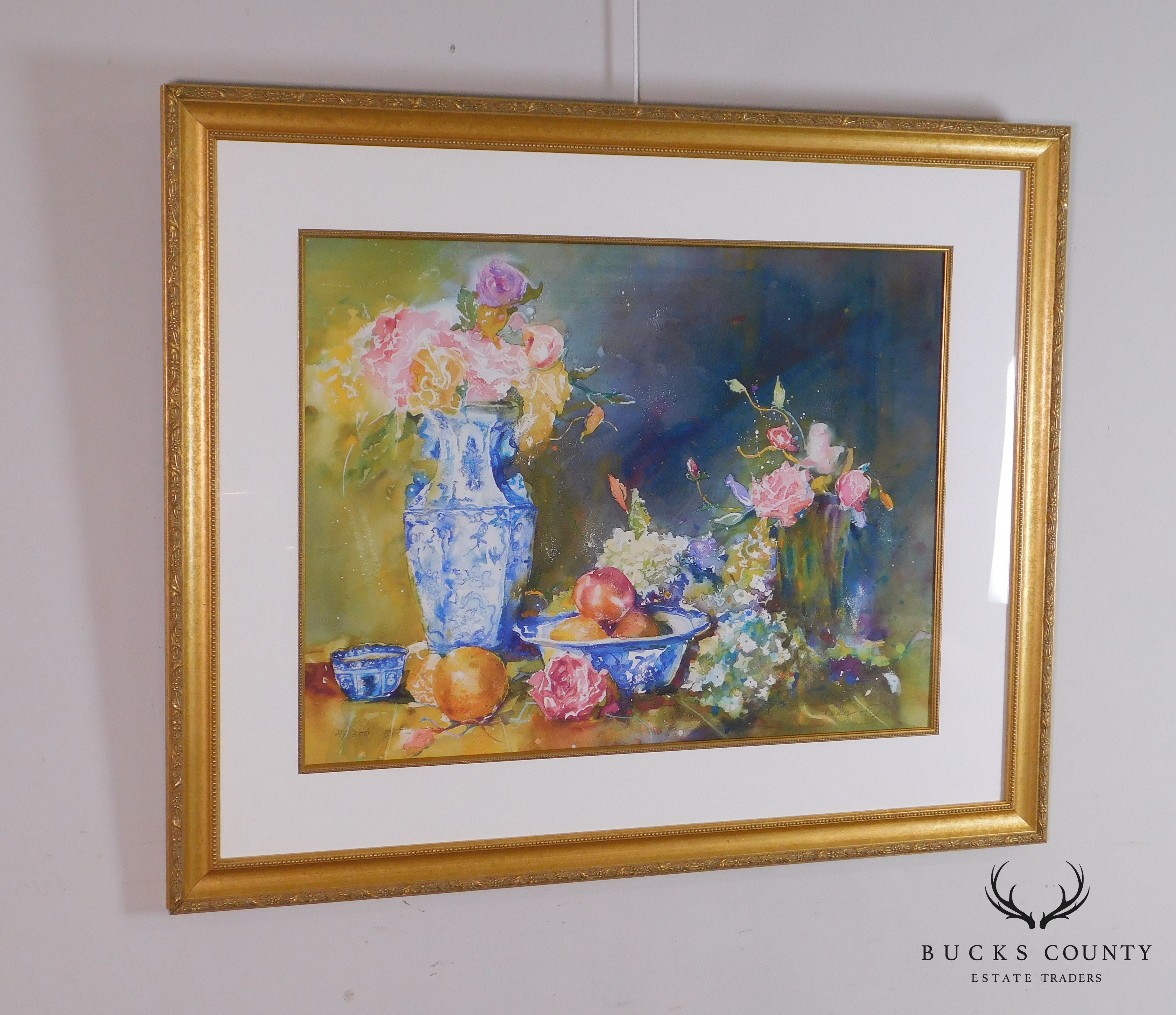 V. Weller Print 21/300 of Watercolor Fruit & Floral Still Life with Blue & White China