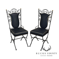 1950's Vintage Scrolled Wrought Iron & Vinyl Pair Side Chairs
