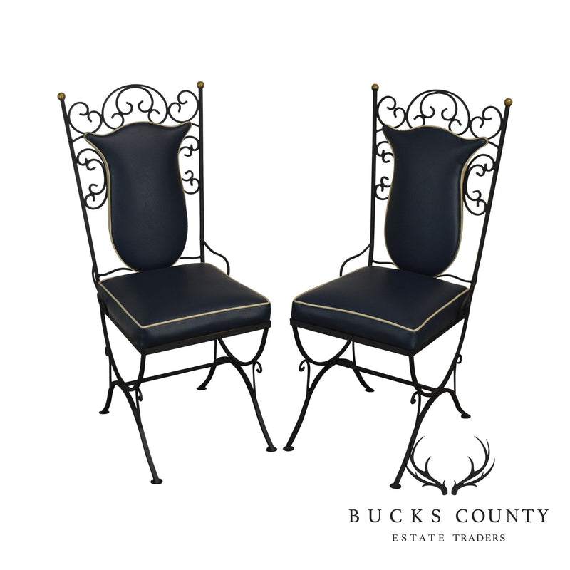 1950's Vintage Scrolled Wrought Iron & Vinyl Pair Side Chairs