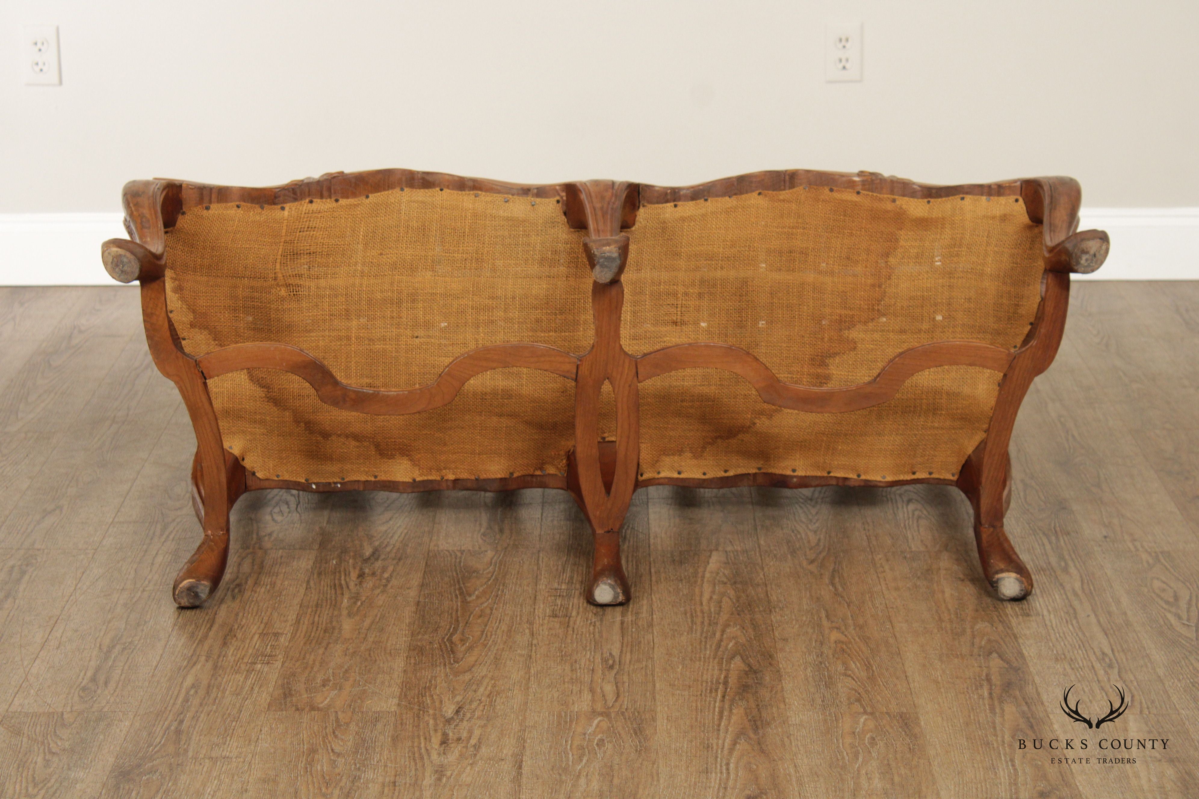 Italian Provincial Style Carved Walnut and Leather Hall Bench Settee