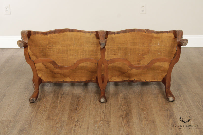 Italian Provincial Style Carved Walnut and Leather Hall Bench Settee