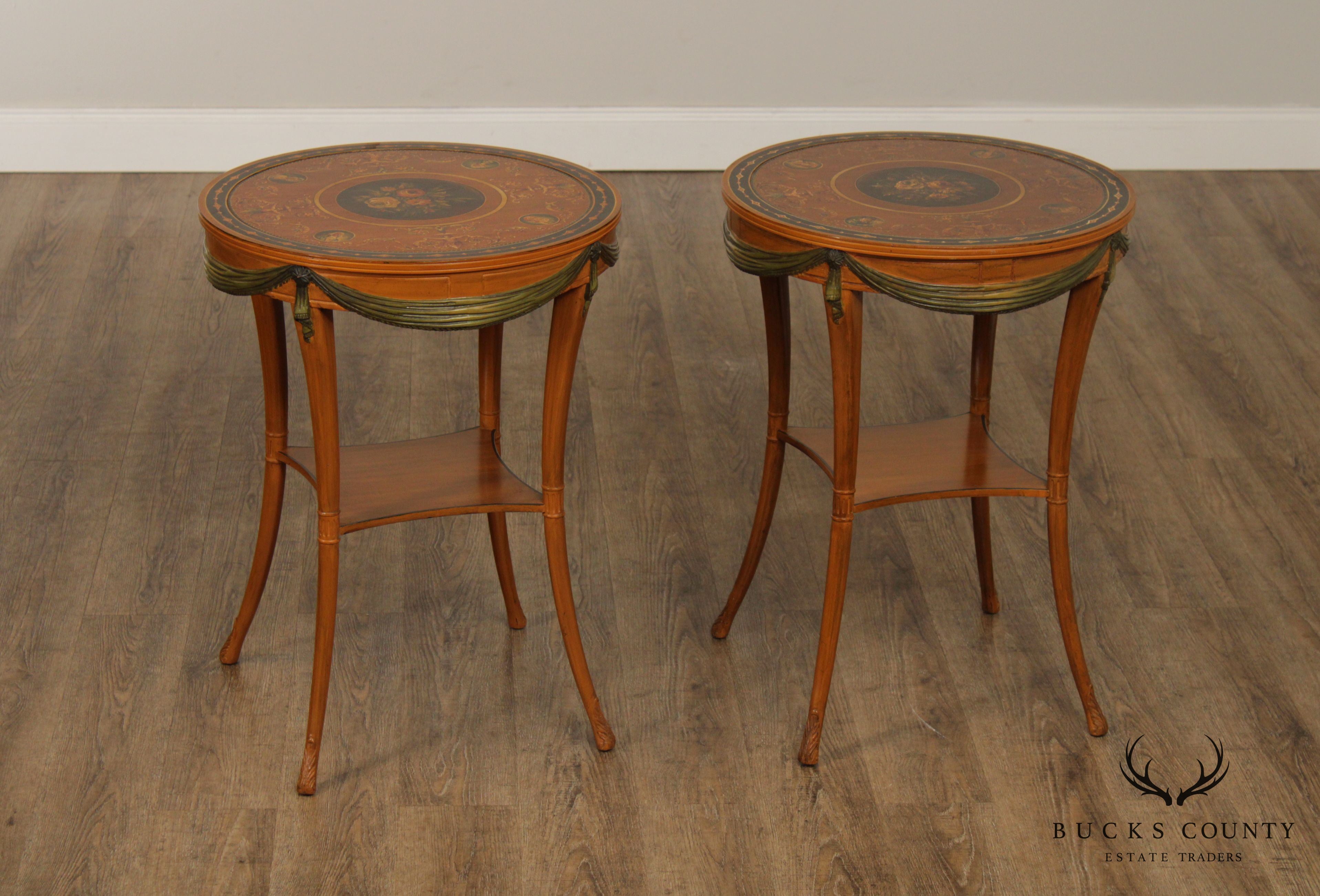 1930's Fine Quality Adams Style Hand Painted Pair Satinwood Side Tables