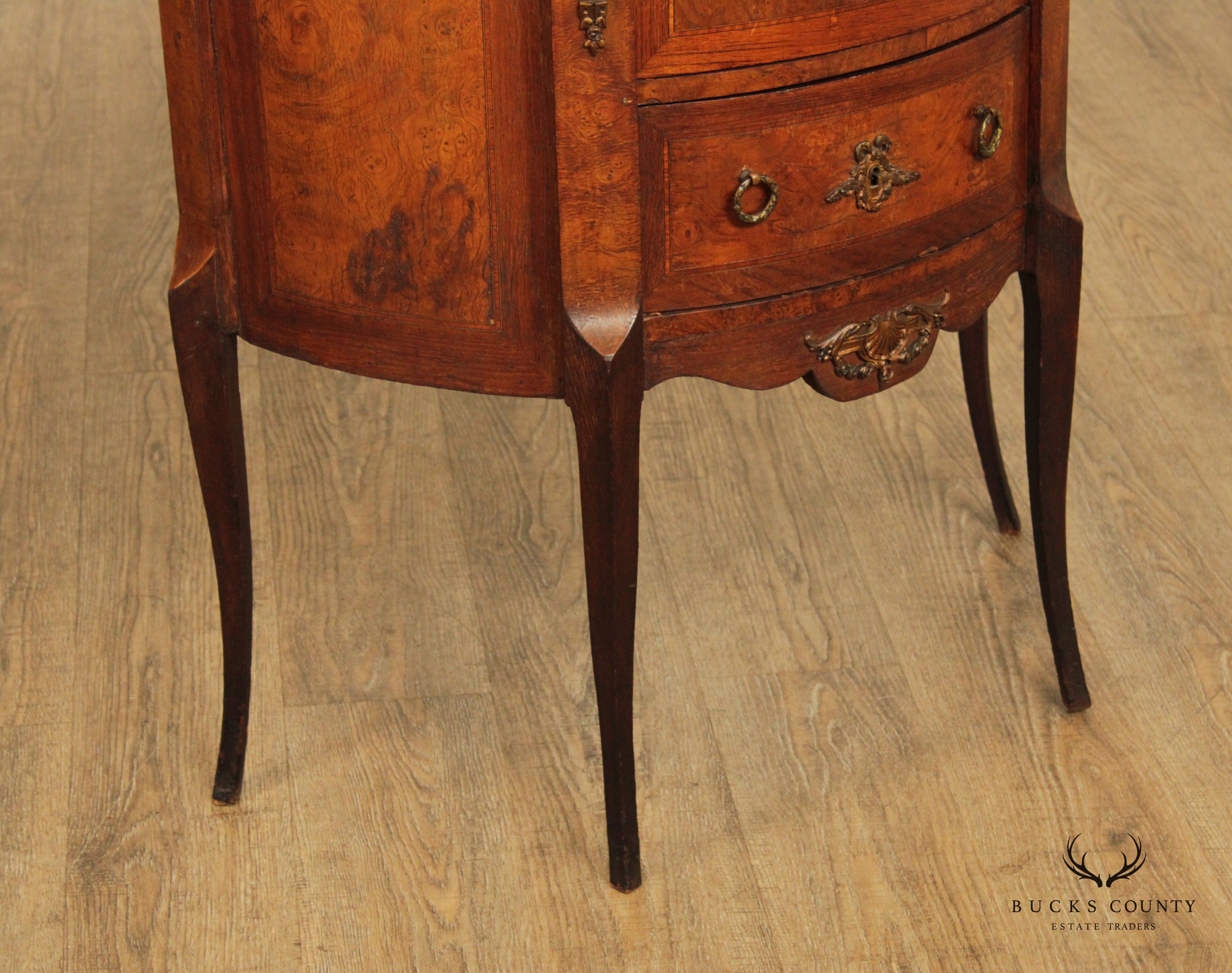 Antique French Louis XV Style Oak and Burlwood Marble Top Commode