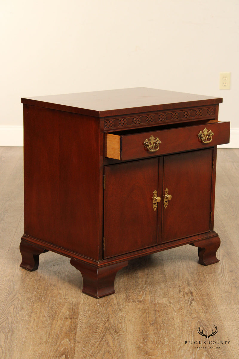 Baker Chippendale Style Pair Mahogany Cabinet Nightstands