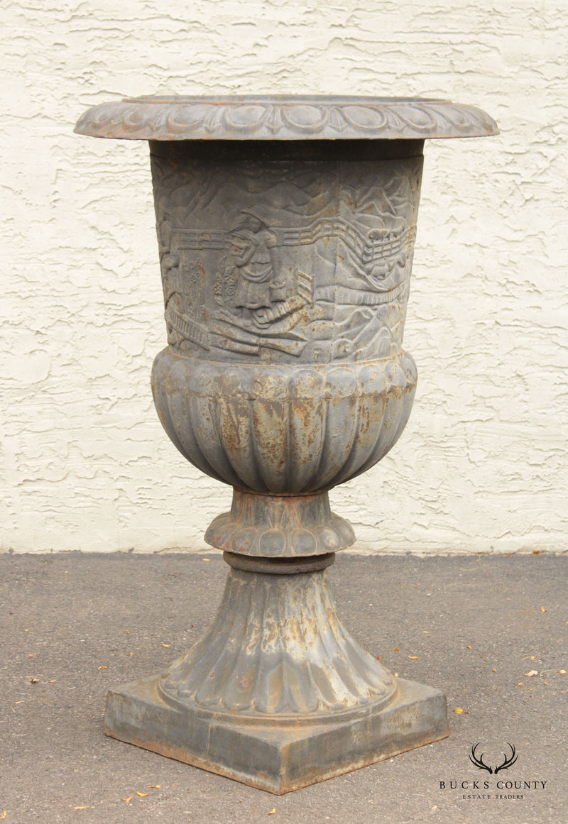 Vintage Pair Large Cast Iron Garden Urns with Pastoral Motif