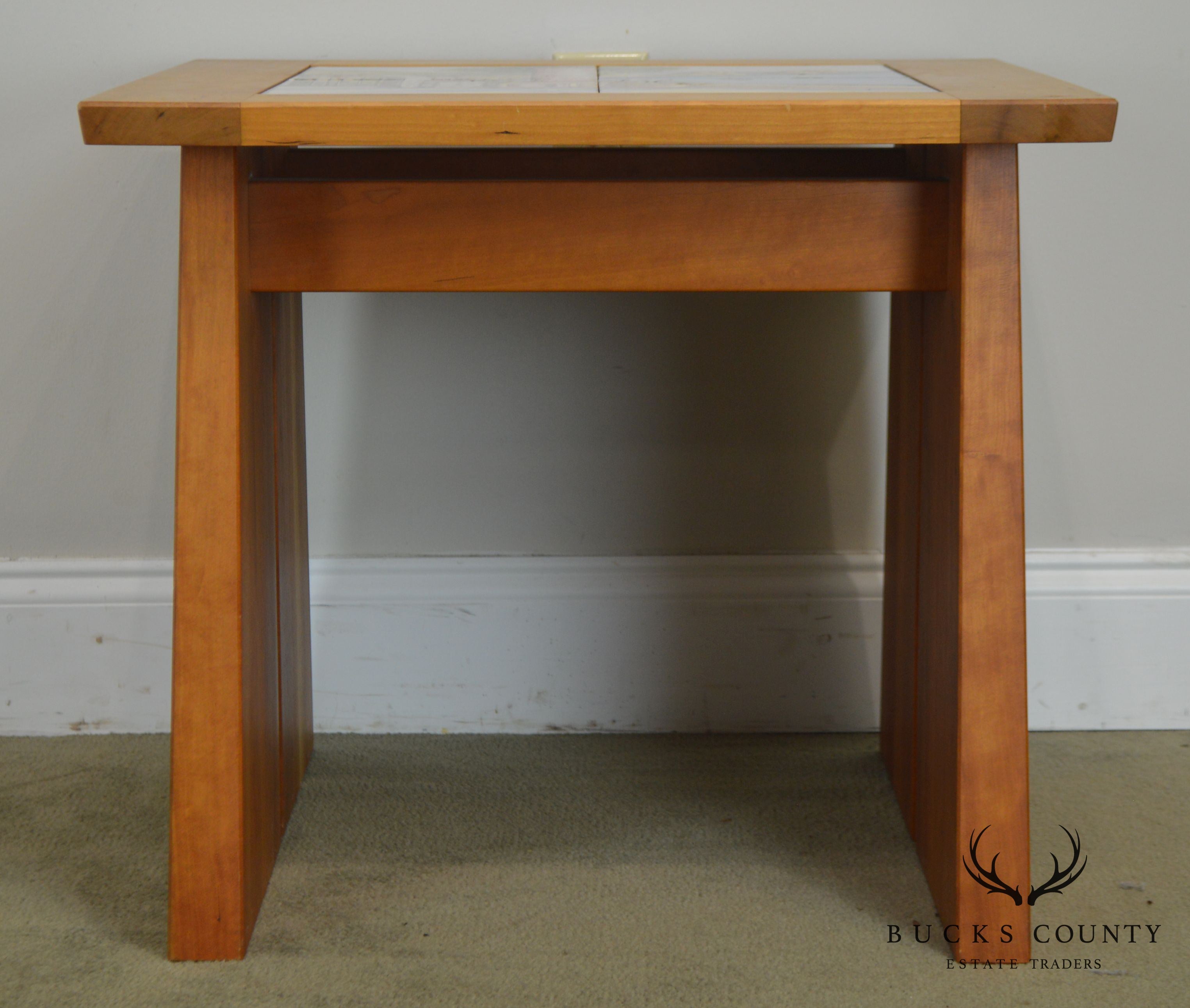 Studio Crafted Solid Cherry Square Side Tables W/ Hand Painted Italian Capri Tiles