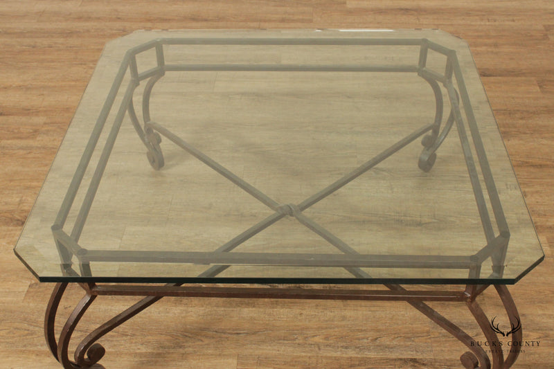 French Style Vintage Scrolled Wrought Iron Glass Top Coffee Table