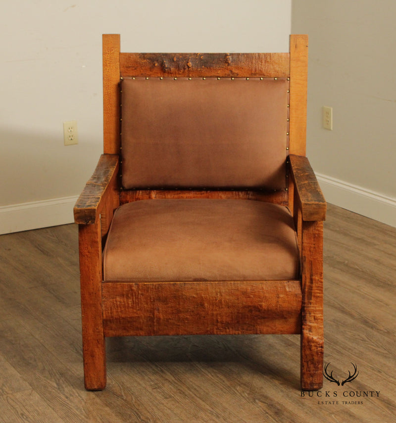Antique Adirondack Tiger Maple and Leather Lounge Arm Chair