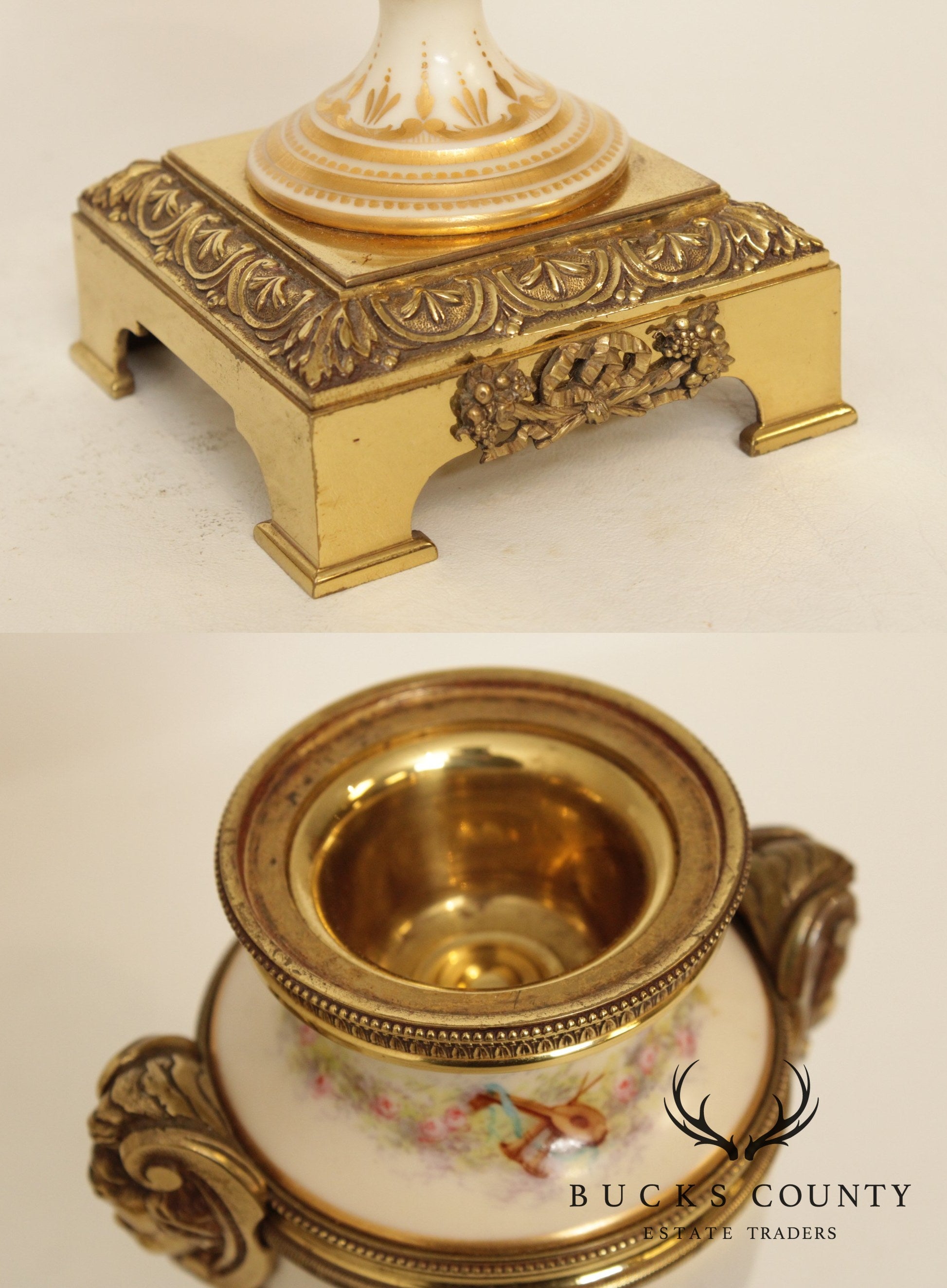 Antique French Sevres Style Porcelain & Brass Urns