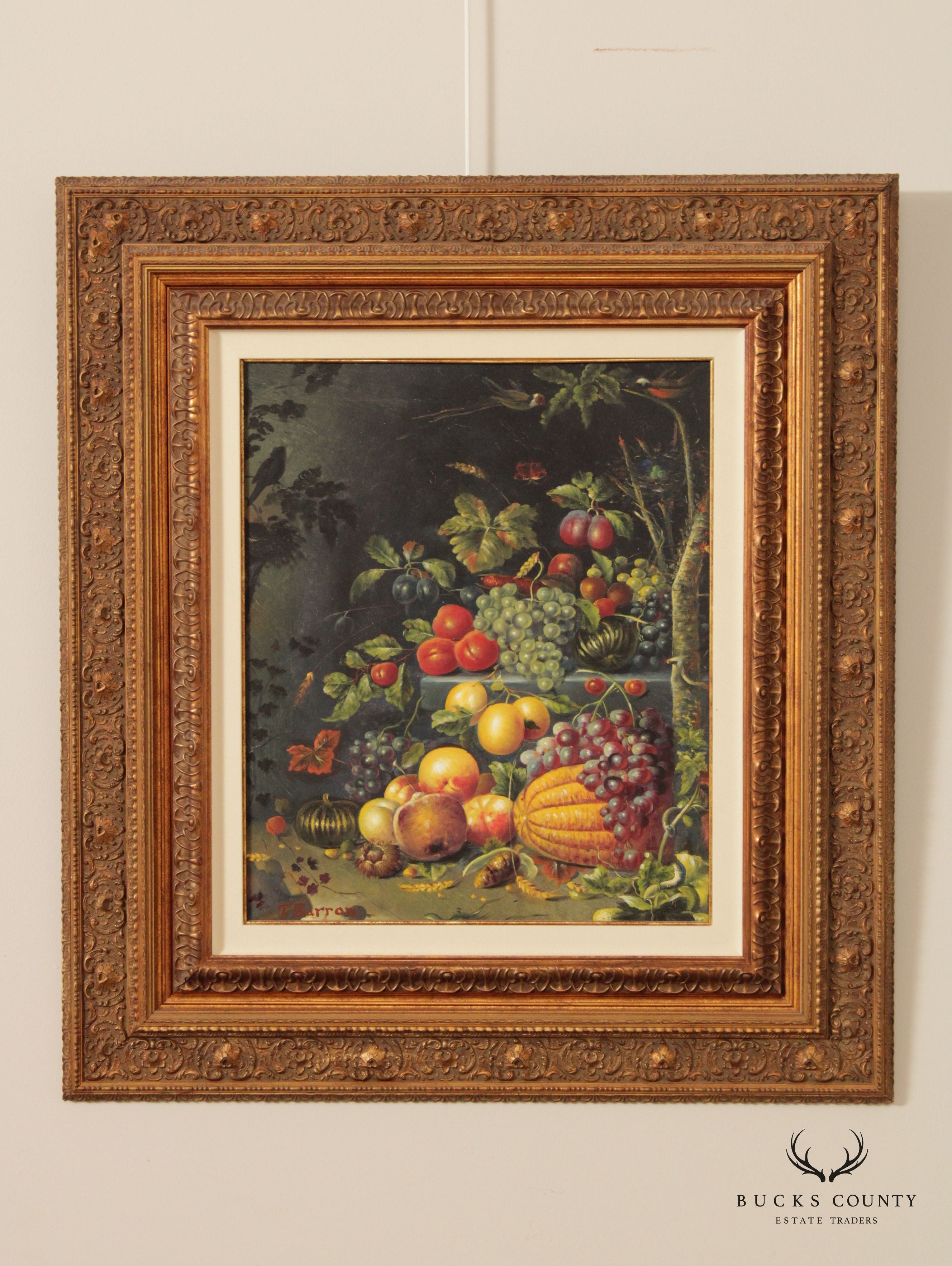 Vintage 20th C. Baroque Style Fruit Still Life Oil Painting, Signed 'T. Barron'