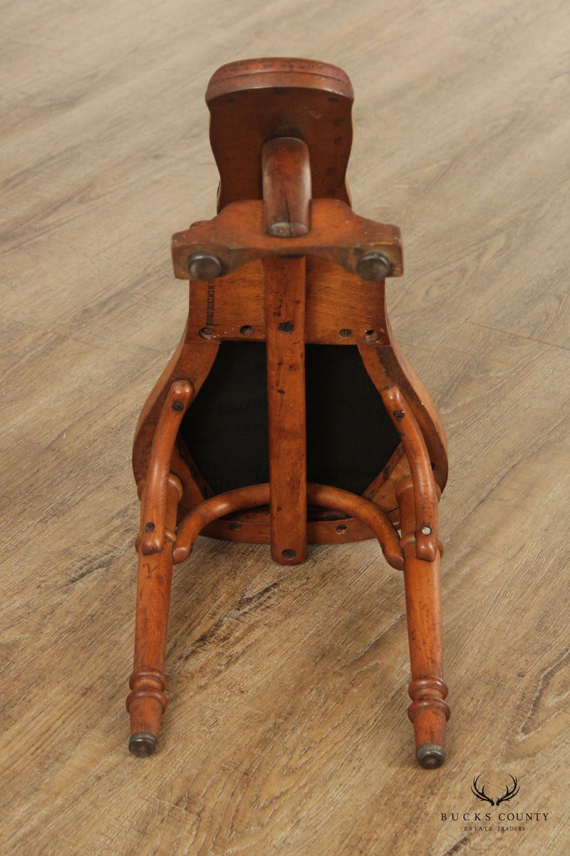 Vintage Carved Wood and Leather Shoe Shine Foot Stool