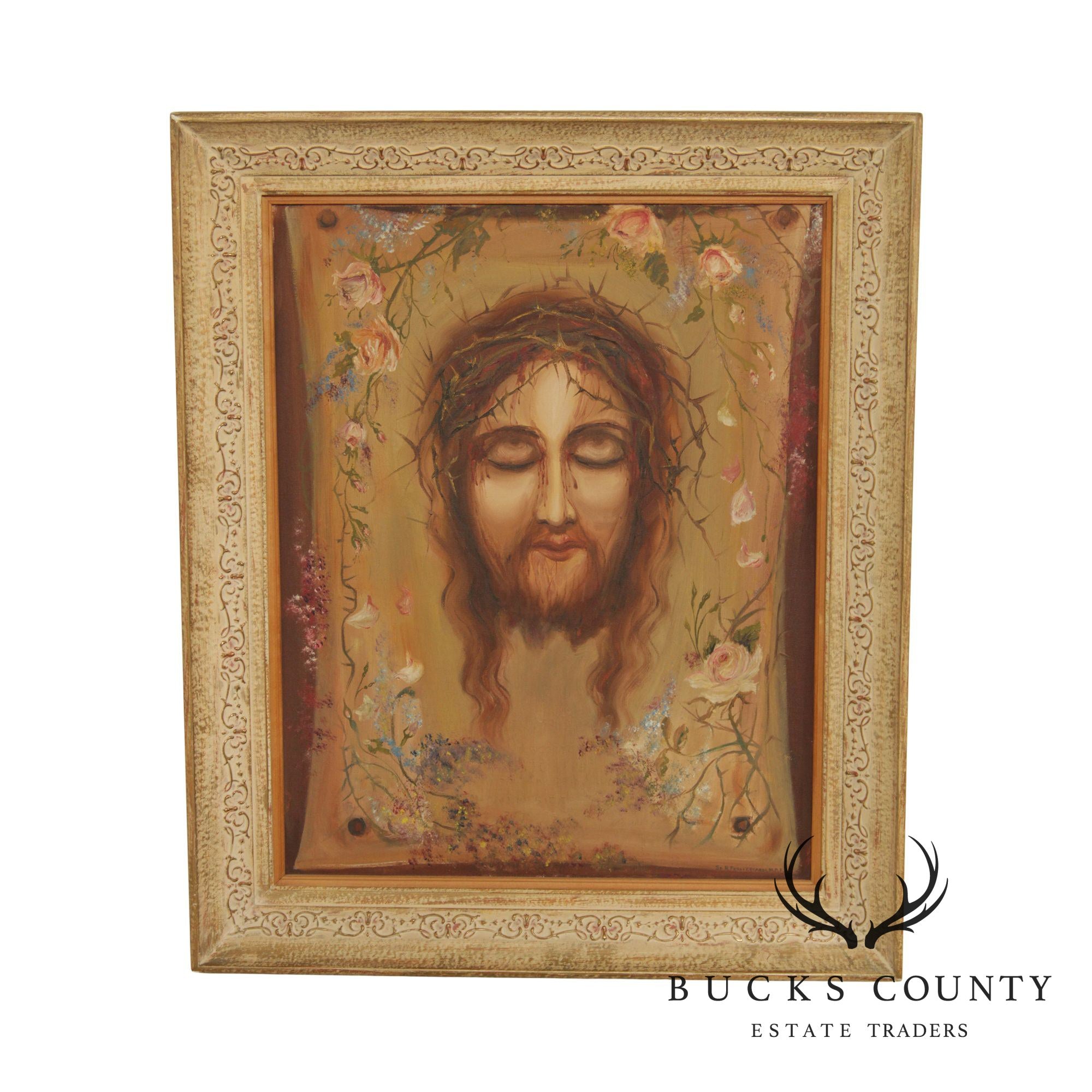 Vintage Portrait of Jesus Oil Painting, Signed