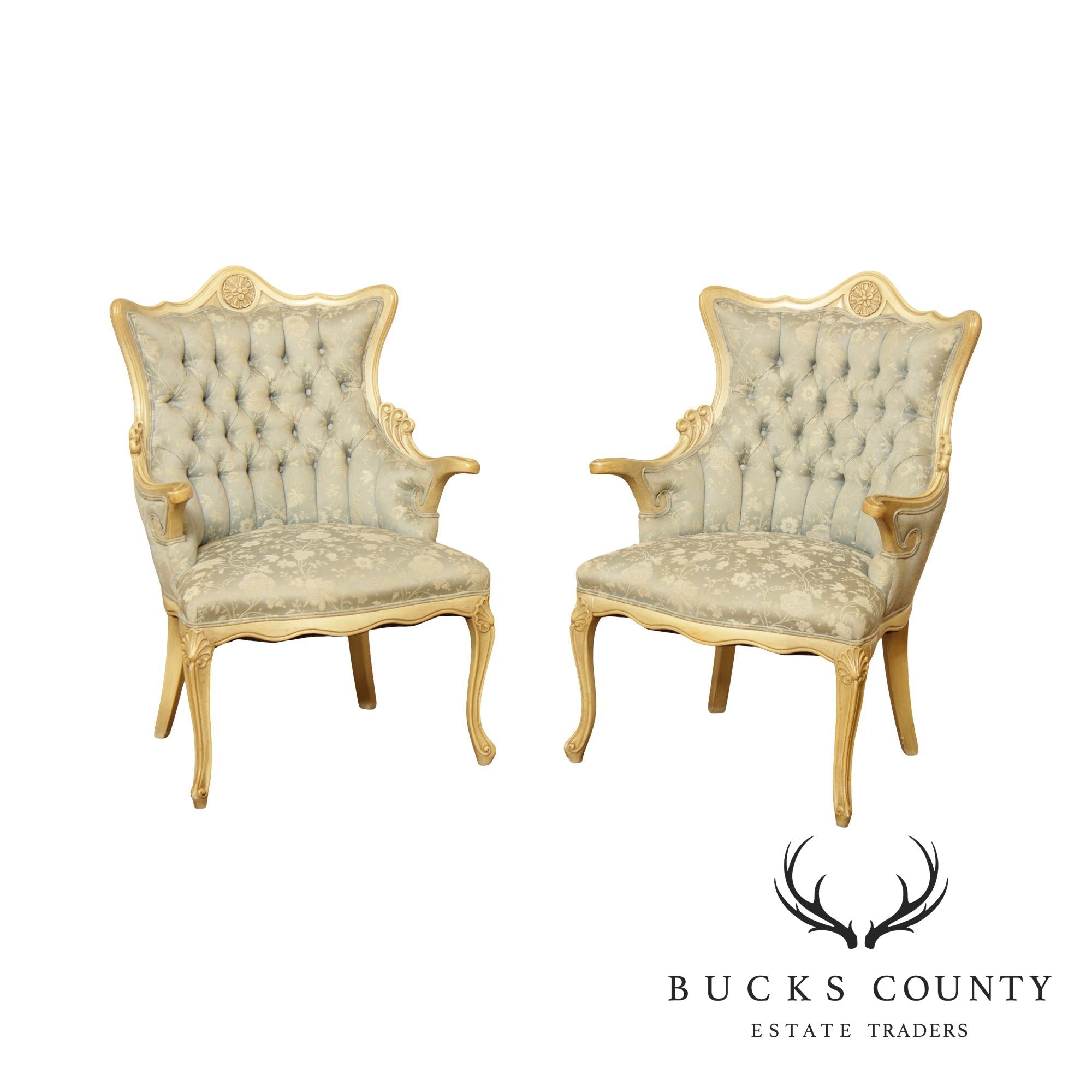 French Provincial Vintage Pair Tufted Fireside Armchairs