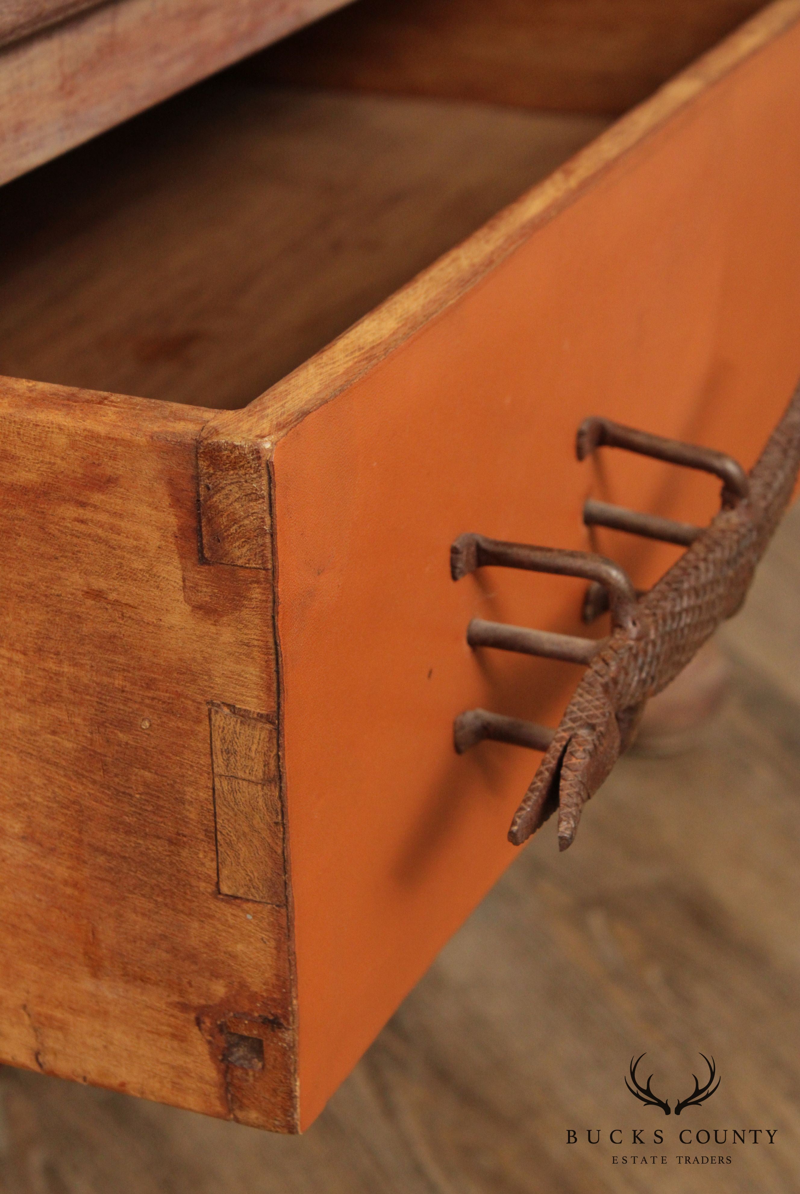 Antique 19th C. Leather Wrapped Hardwood Chest with Iron Crocodile Hardware