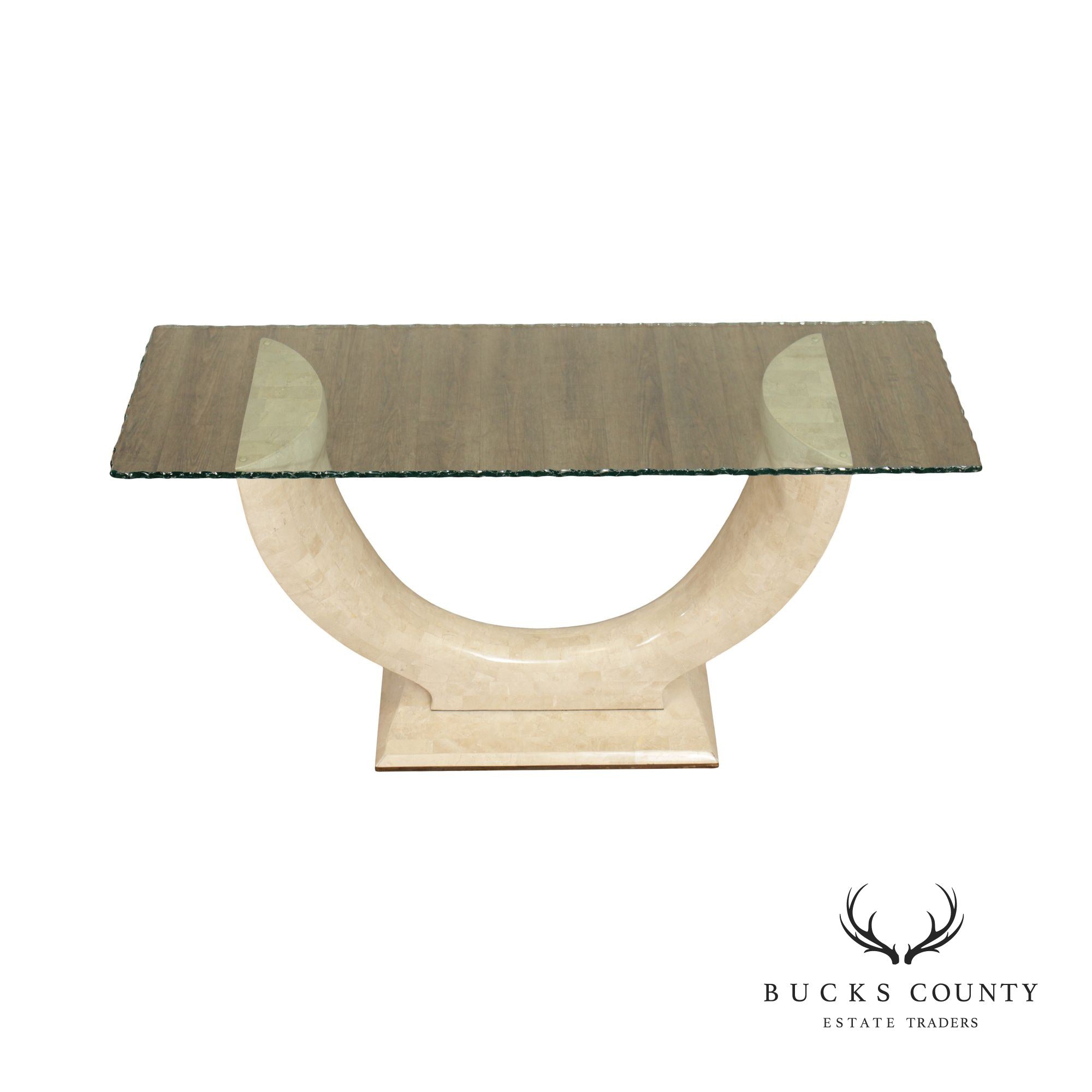 Organic Modern Tessellated Faux Stone and Glass Top Console Table