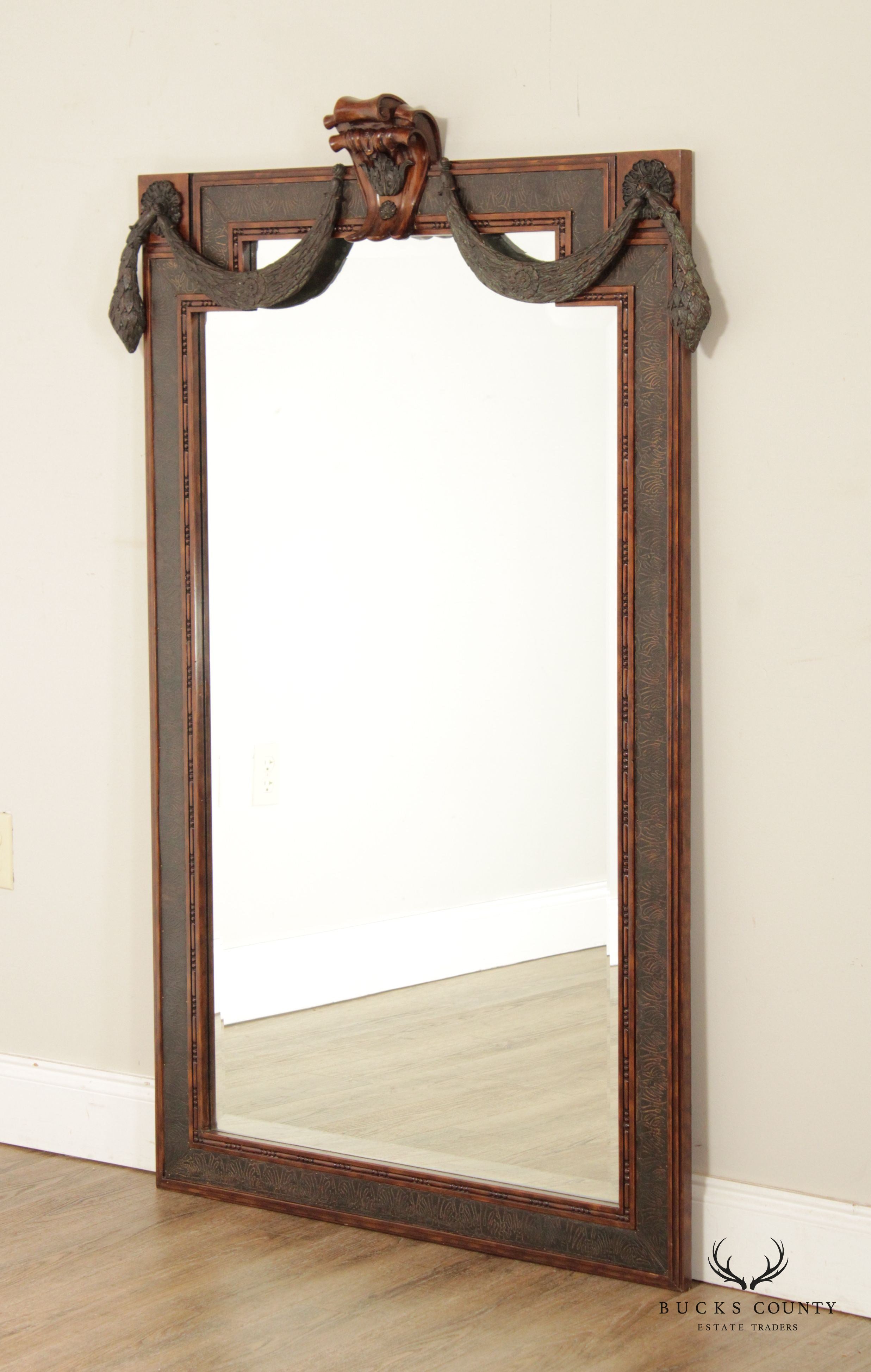 LaBarge Renaissance Style Mahogany And Bronze Swag Wall Mirror