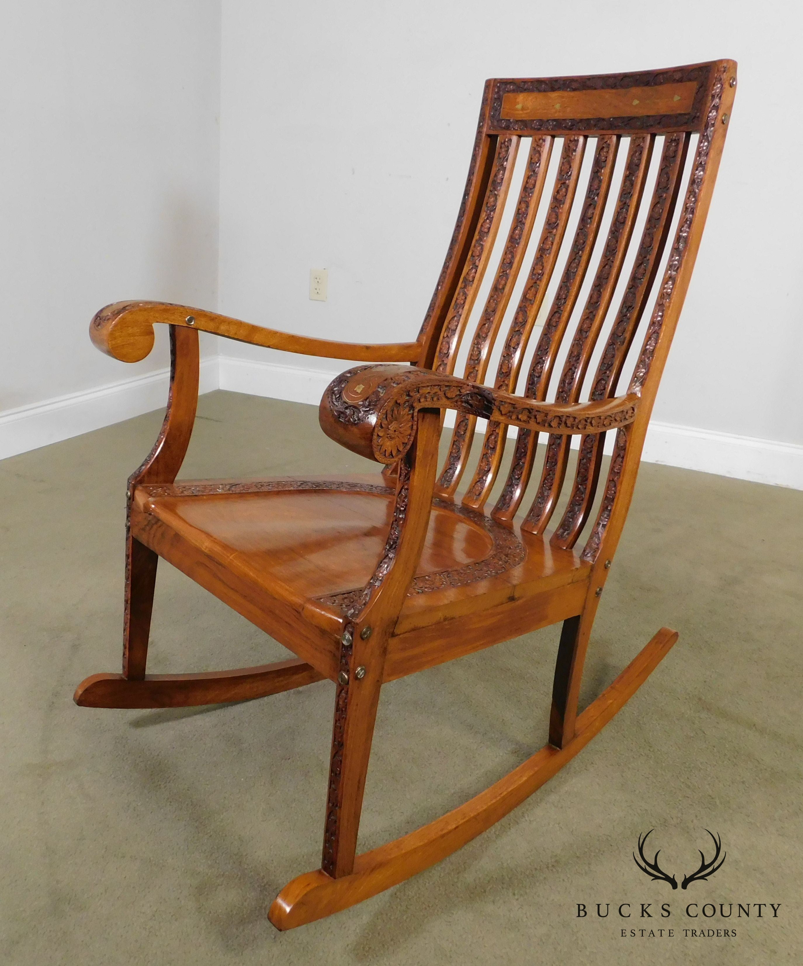 Vintage Indian Carved Hardwood Brass Inlaid Rocker