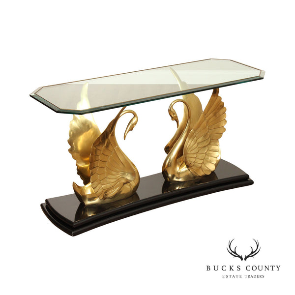 Quality Italian Brass Swan Glass Top Console Table